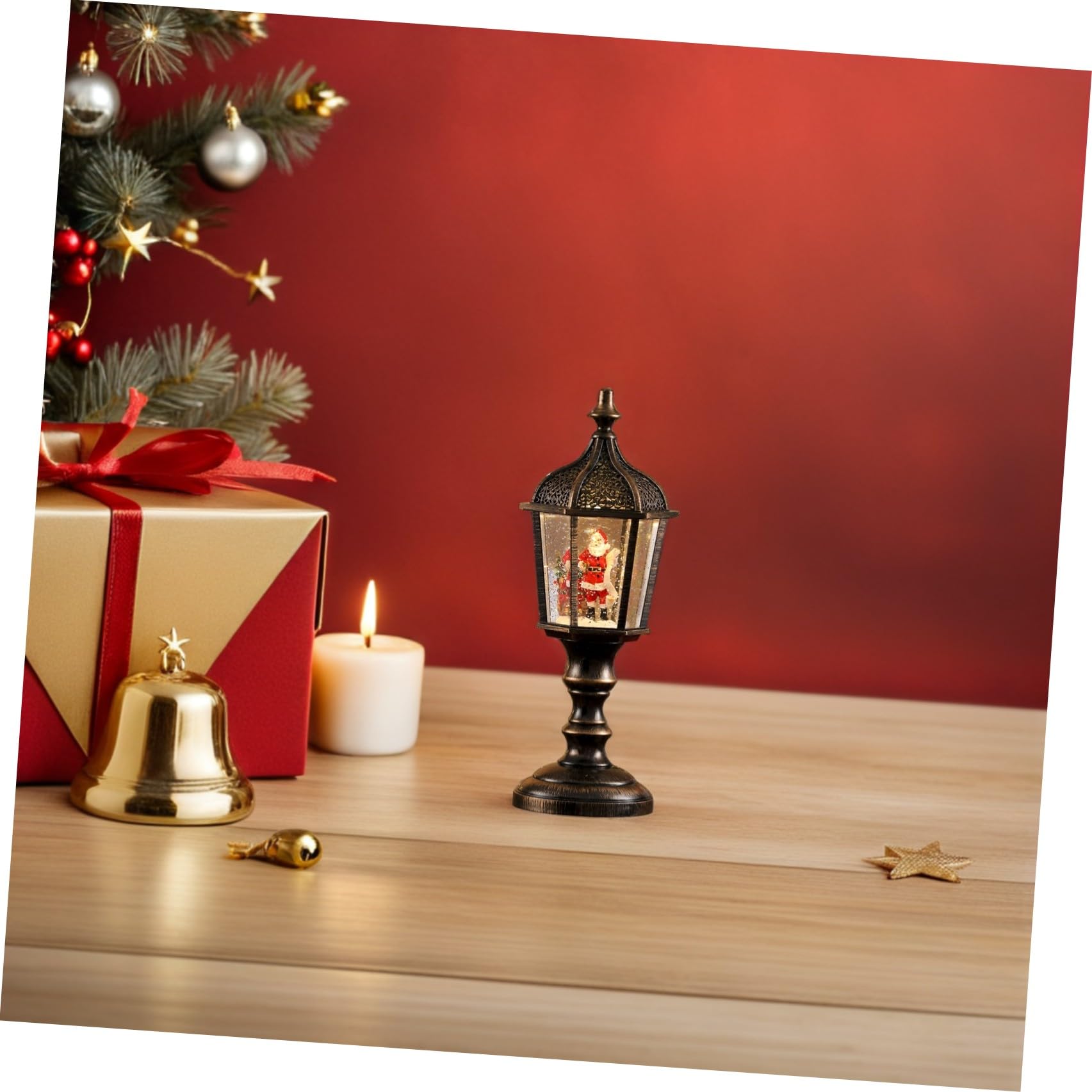 STOBAZA 2 Pezzi Lanterna Decorativa di Natale Musicale in Resina con Illuminazione USB e Batteria, per Decorazione Casa e Ufficio con Atmosfera Festiva Natalizia