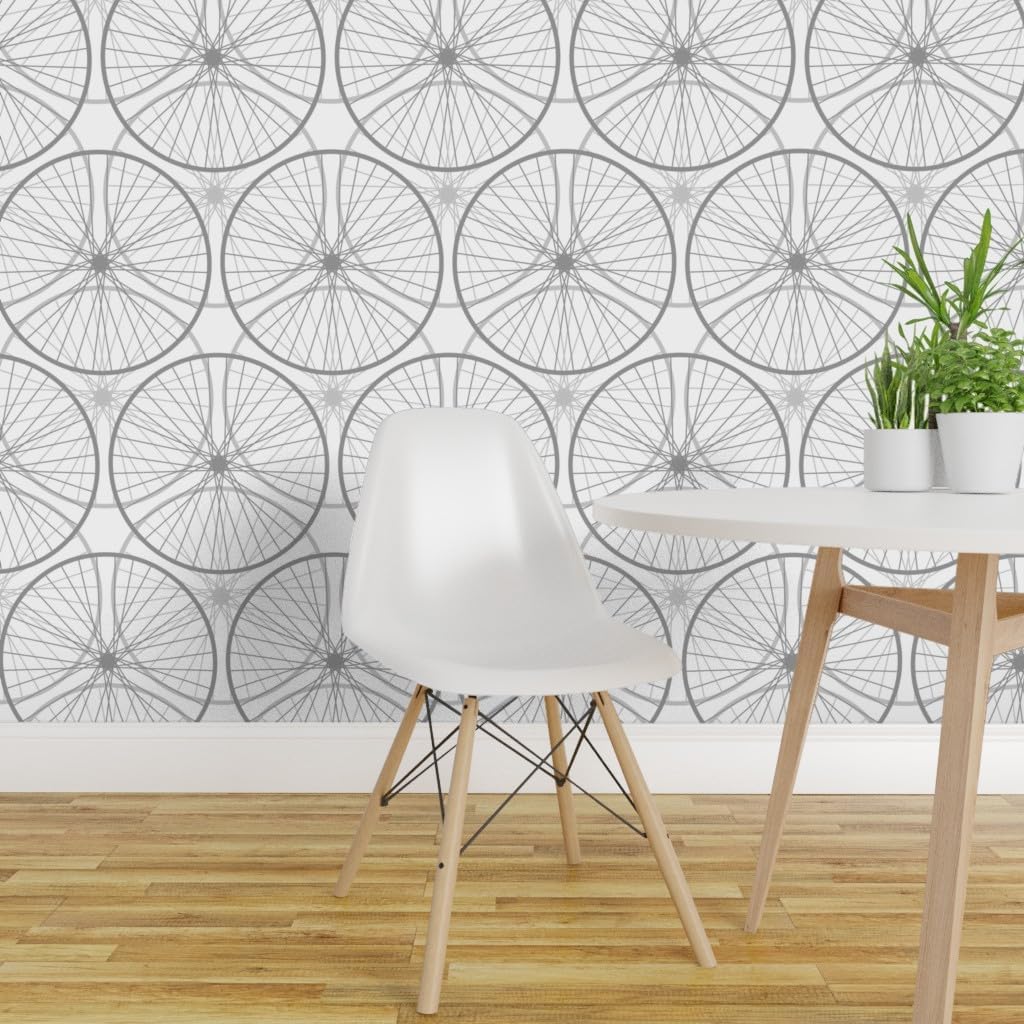 Removable Wallpaper 6ft x 2ft - Wheels Bike Bicycles Bikes Cycling Transport Wheel Bicycle Greyscale Circle Custom Pre-Pasted Wallpaper by Spoonflower