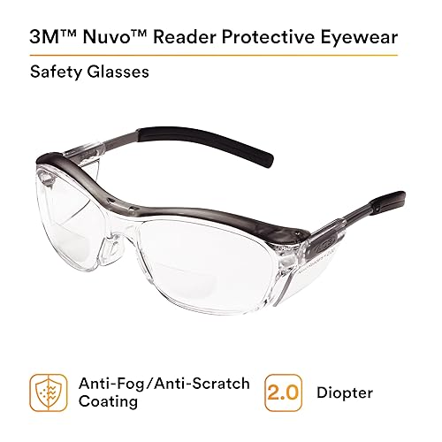 Miniatura 9 de 3M Gafas de seguridad, Nuvo, 1 par, ANSI Z87, lente transparente antiniebla, montura gris retro, puente de nariz suave, barra de cejas integral y