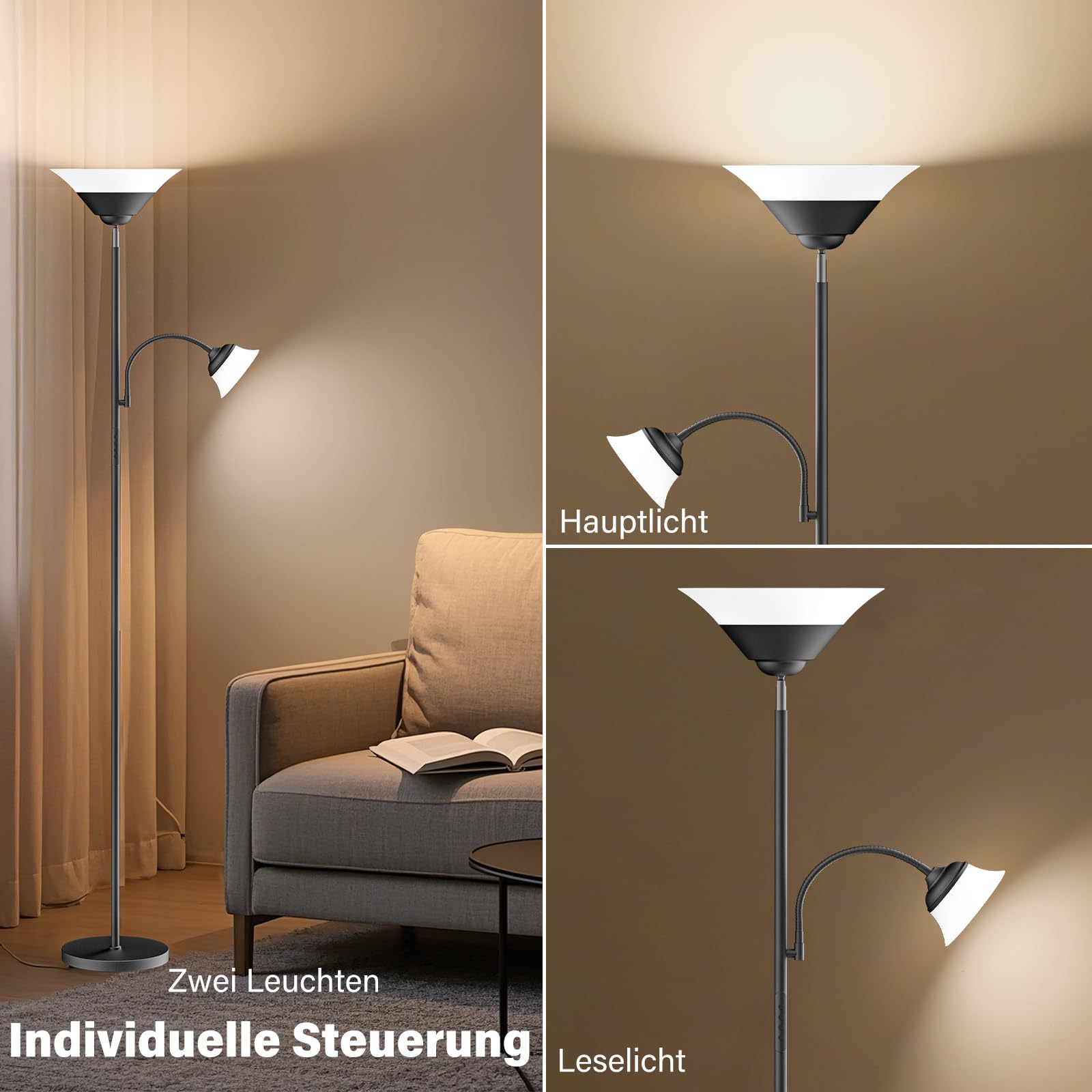 SIBRILLE Lámpara de pie para salón, 34 W, 2100 lm, regulable, mando a distancia y control táctil, 3000 K-6500 K, lámpara de pie, moderna lámpara de techo LED regulable con lámpara de lectura para