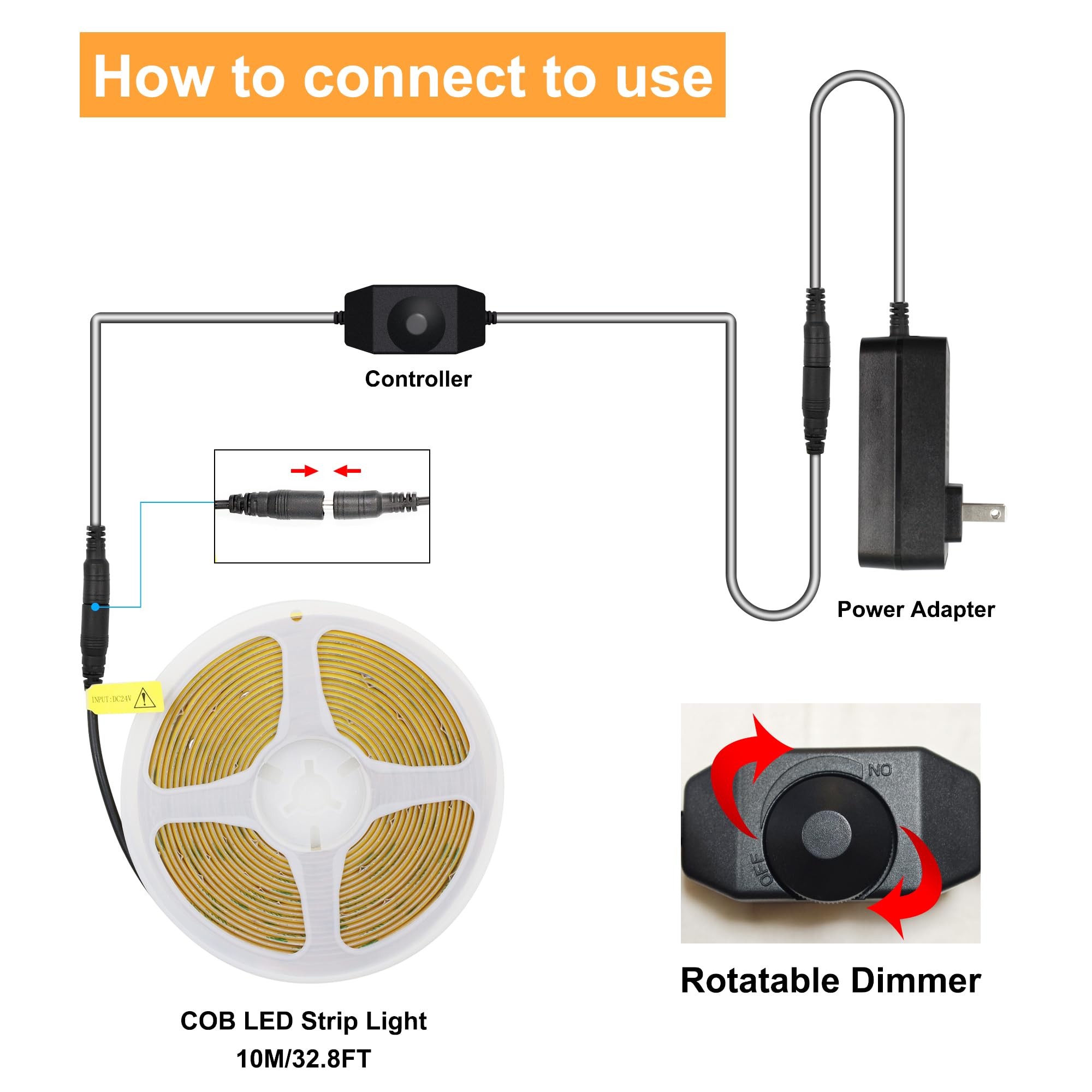 COB - Tira de luces LED blancas, 33.2 pies, luz LED blanca neutra 4000 K, tira LED regulable, CRI92+, 8 mm de ancho, 24 V flexible COB LED cinta de luz para TV, recámara, clóset de cocina,