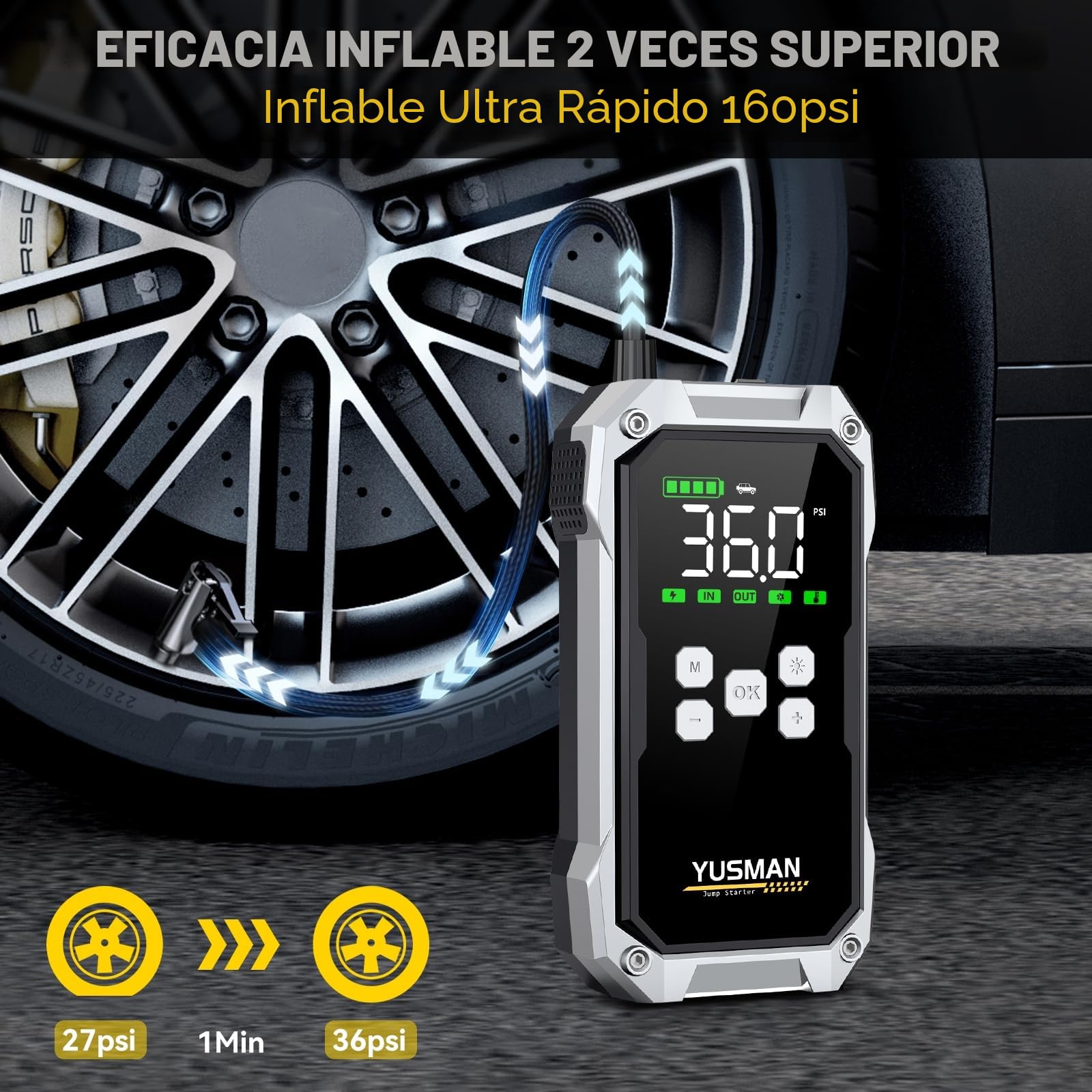 YUSMAN Arrancador de Baterias de Coche con Compresor de Aire, 12V 8000A Arrancador Coche Portatil con Inflador de 160 PSI (para All Gasolina o 10L Diesel), Linterna LED de Emergencia