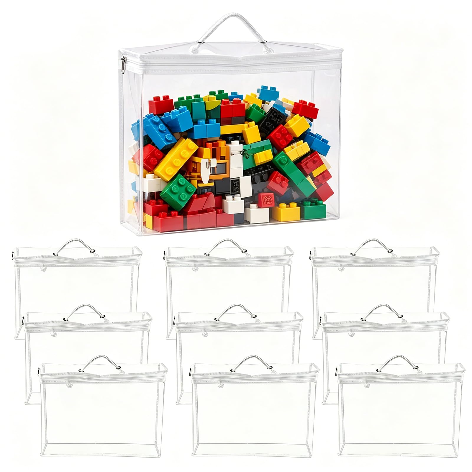 Kutery Transparent 10 Pcs Toy Storage Bags With Zipper & Handle, Clear Pvc Waterproof Toy Organiser Bags, Reusable Storage Pouches For Building Blocks, Puzzles, Clay, Small Models, Board Games And Books, White