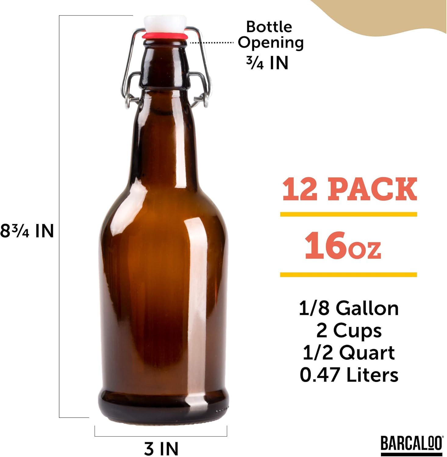 Barcaloo 16oz Amber Glass Beer Bottles for Home Brewing - 12 Pack with Flip Caps - Family Owned American Brand