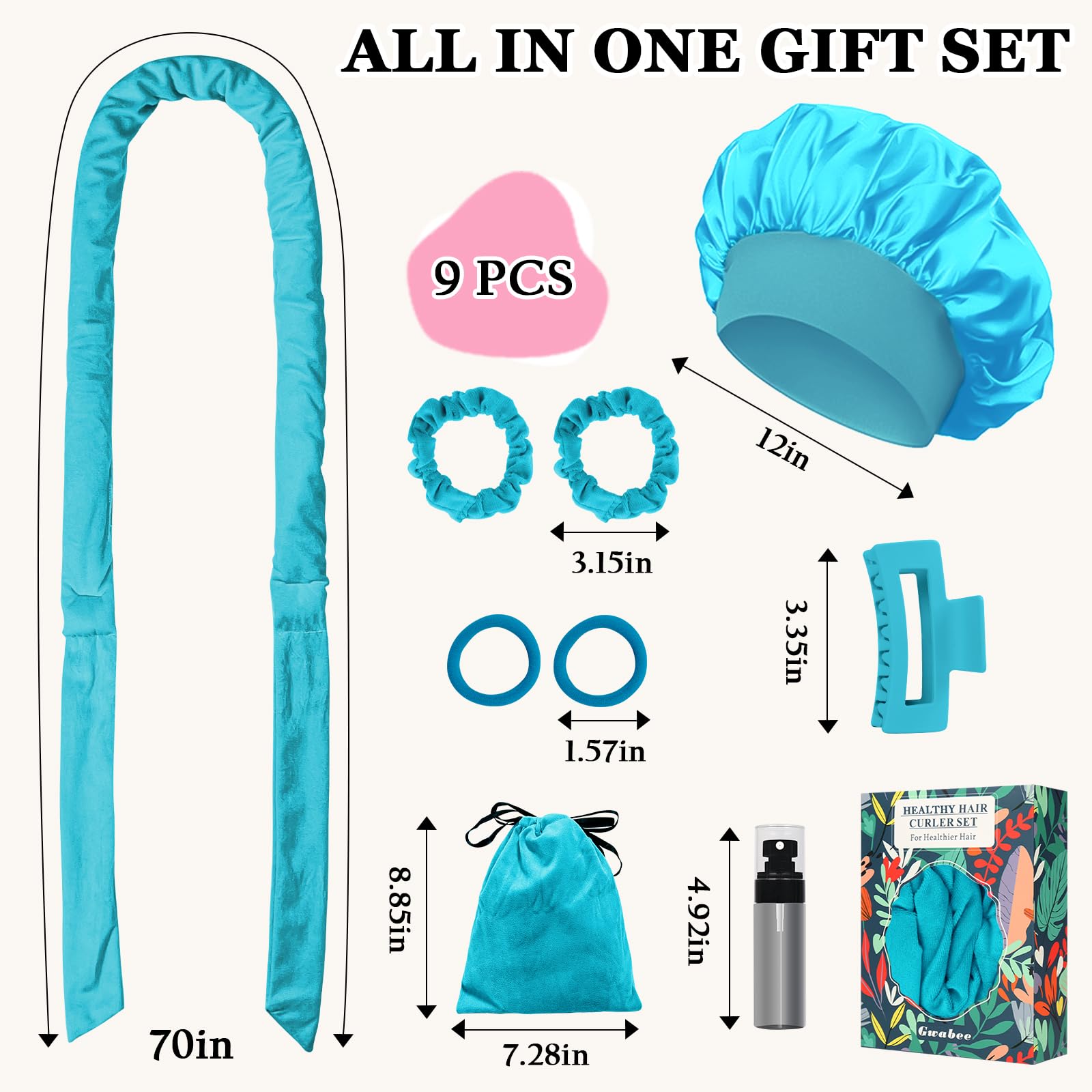 Gwabee Lockenwickler ohne Hitze über Nacht, 177,8 cm, weiche Lockenwickler zum Schlafen ohne Hitze, Locken über Nacht, 9-teiliges Lockenwickler-Set für Damen, Blau
