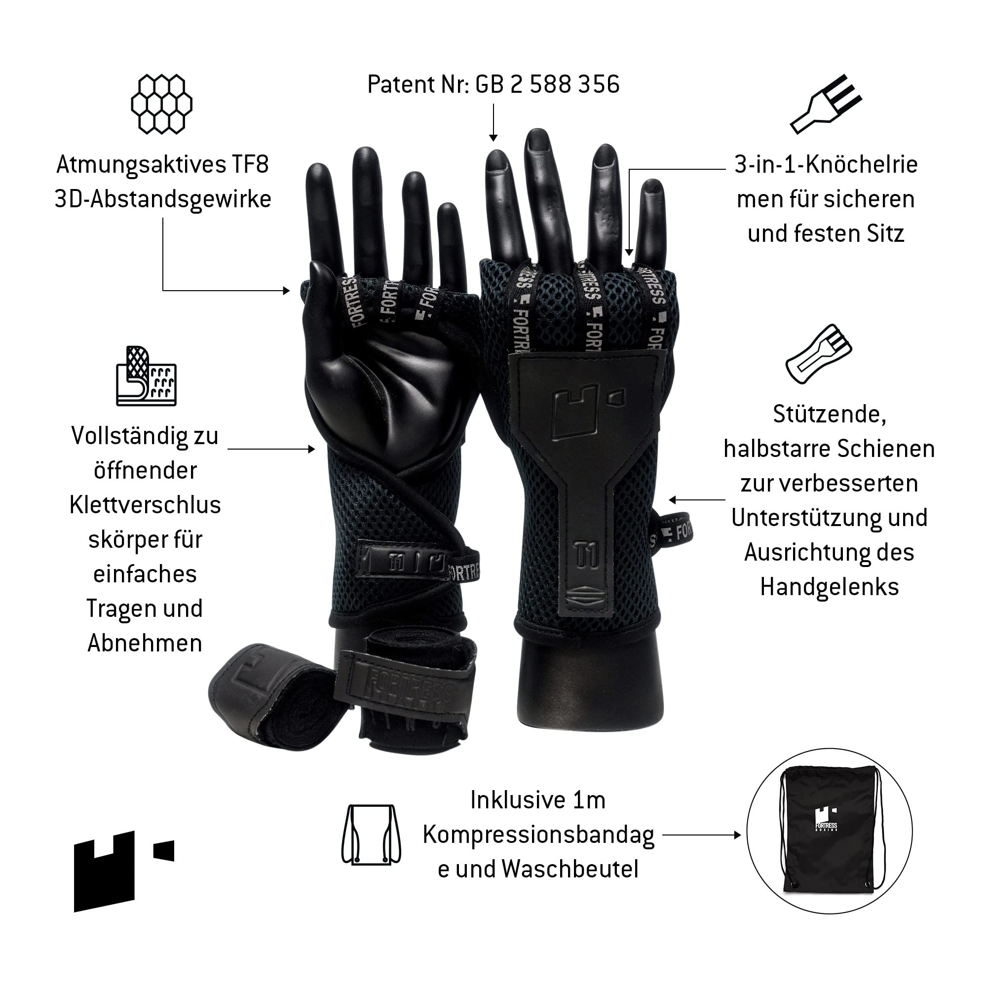 Fortress Boxing Bandagen – T1 Fastwraps für Kickboxen, Muay Thai, MMA – patentiertes Design Handbandagen