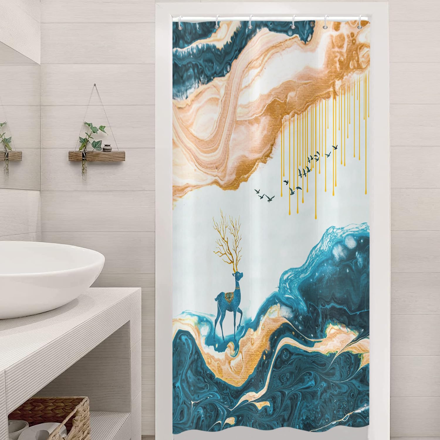 ASDCXZ Shower Curtain Marble 90x180 cm, Modern Abstract Orange Cyan Deer Marble Optic Texture Washable Fabric Shower Curtains Polyester Textile Waterproof Shower Curtain for Bathtub with 6 Hooks โ image 1