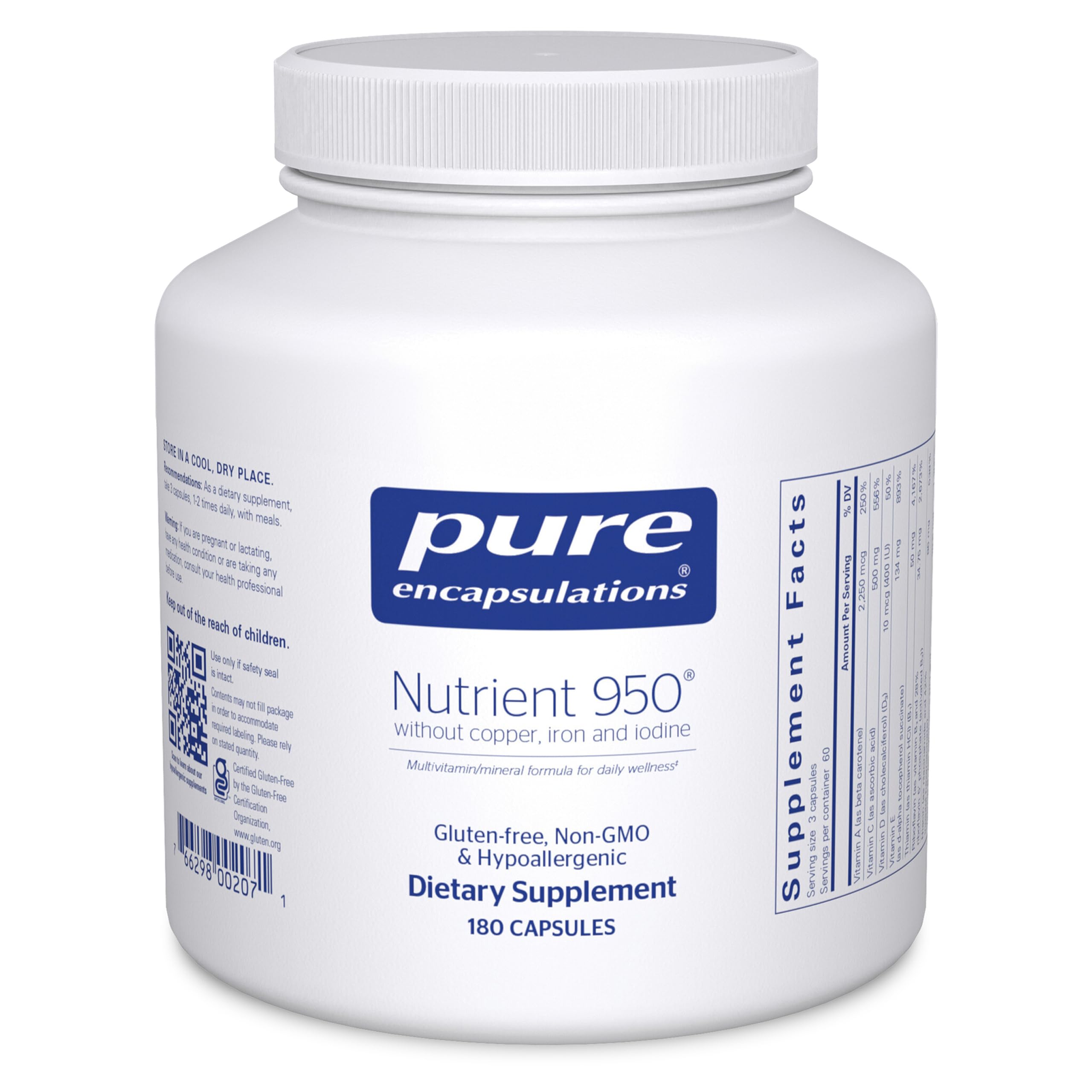 Nutrient 950 Without Copper, Iron, & Iodine | Antioxidant Multivitamin and Mineral Supplement to Support Optimal Health and Physiological Functions* | 180 Capsules