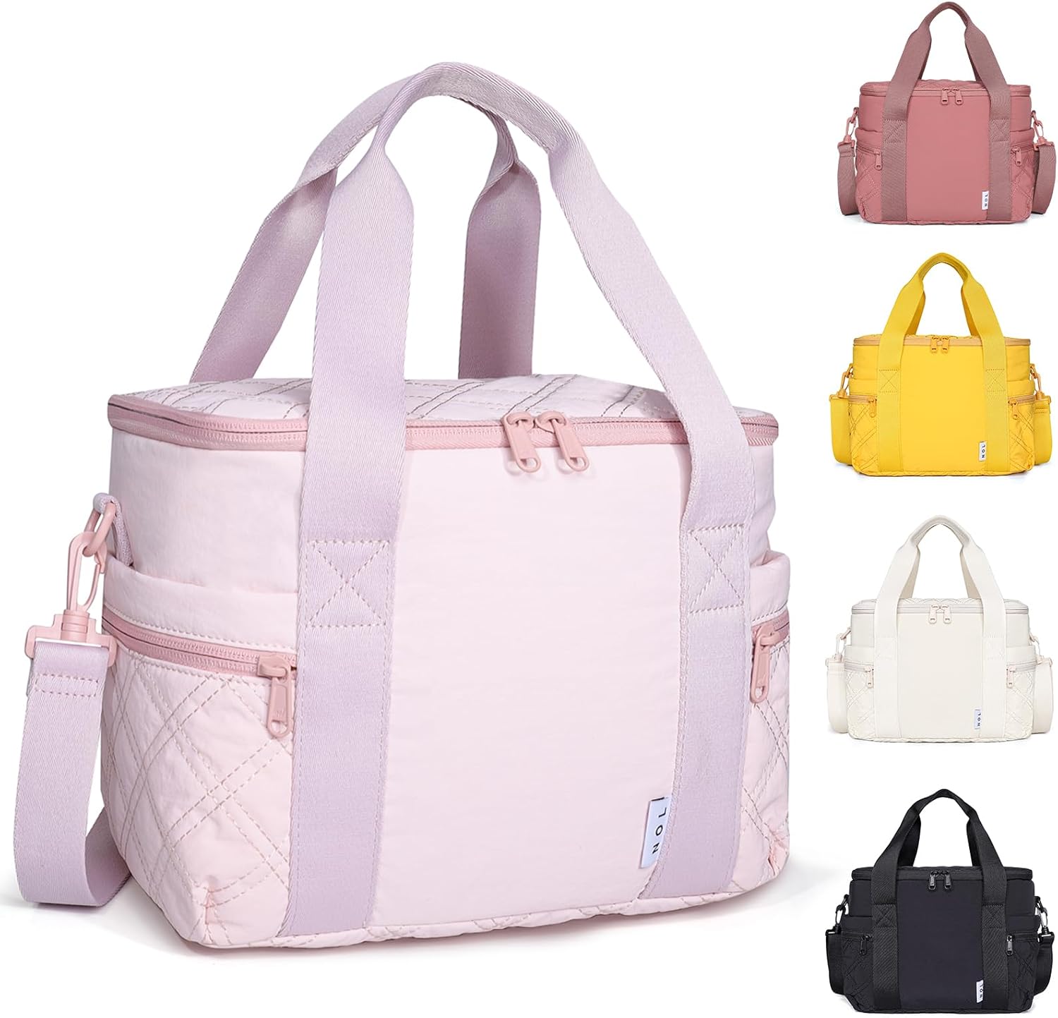 NOL Natural Organic Lifestyle Women's Nylon Lunch Cooler Cute Quilted Lunch Bag Large Leakproof Insulated Lunch Tote Bag for Work Picnic Travel,Pink