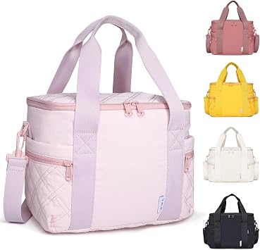 NOL Womens Nylon Lunch Cooler Cute Quilted Lunch Bag Large Leakproof Insulated Lunch Tote Bag for Work Picnic Travel,Pink