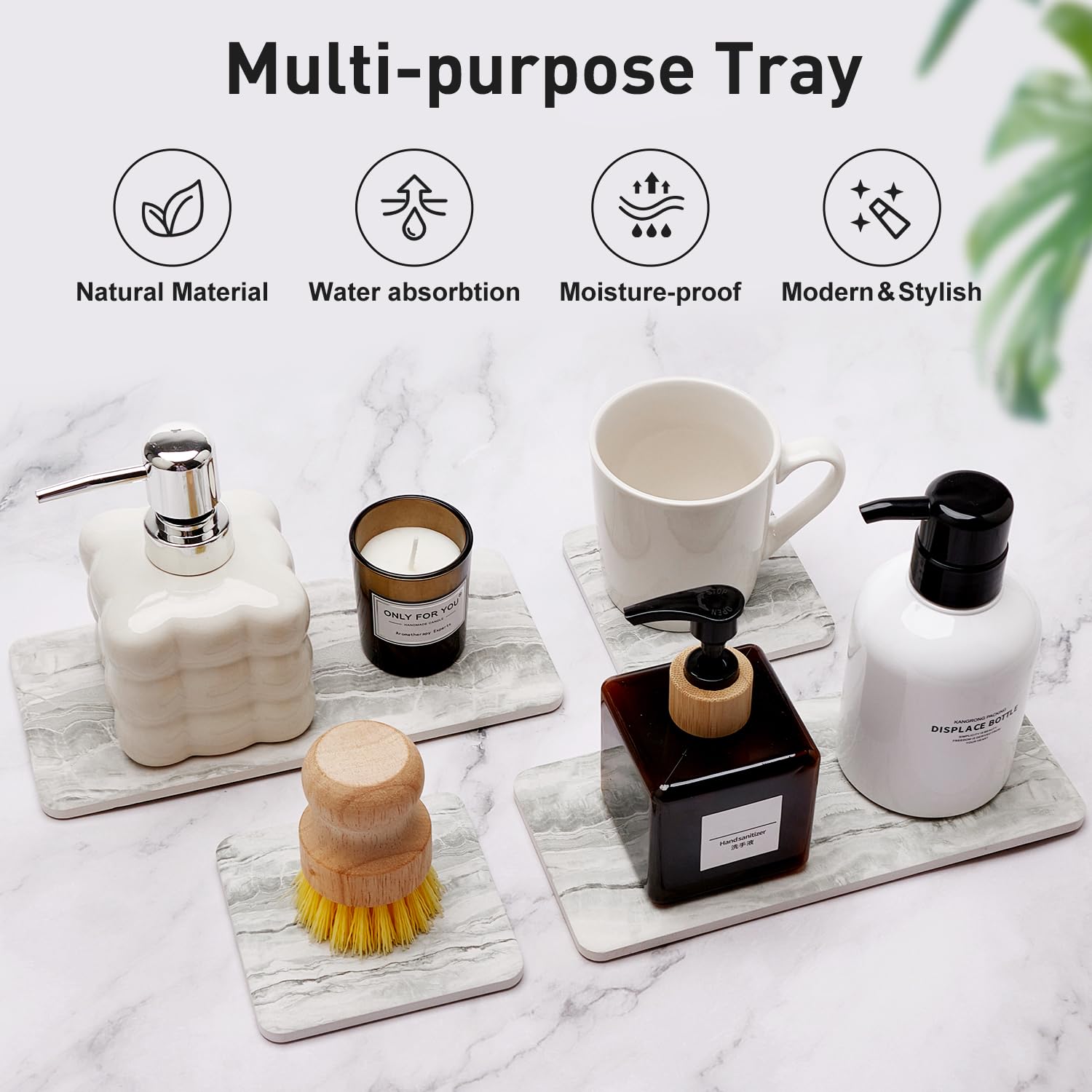 2 Pack Water Absorbing Stone Drying Tray for Kitchen Counter Marble Bathroom Sink Trays Accessories Diatomite Stone Soap Dish Holder Kitchen Tray for Bathroom Vanity Trays Quick Instant Dry Sink Caddy 4