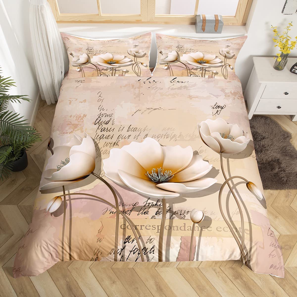 Flower Duvet Cover Set Super King Size, Vintage Florals Bedding Set 3pcs for Kids Boys Girls Bedroom Decor, Old Paper Textures Letters Comforter Cover Soft Polyester Quilt Cover with 2 Pillowcases — image 1