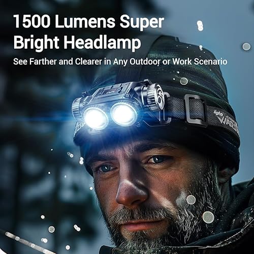 Miniatura 2 de WARSUN Linterna frontal LED recargable  1500 lúmenes, ángulo ajustable, aleación de aluminio y ABS, IPX6 resistente al agua, indicador de batería,