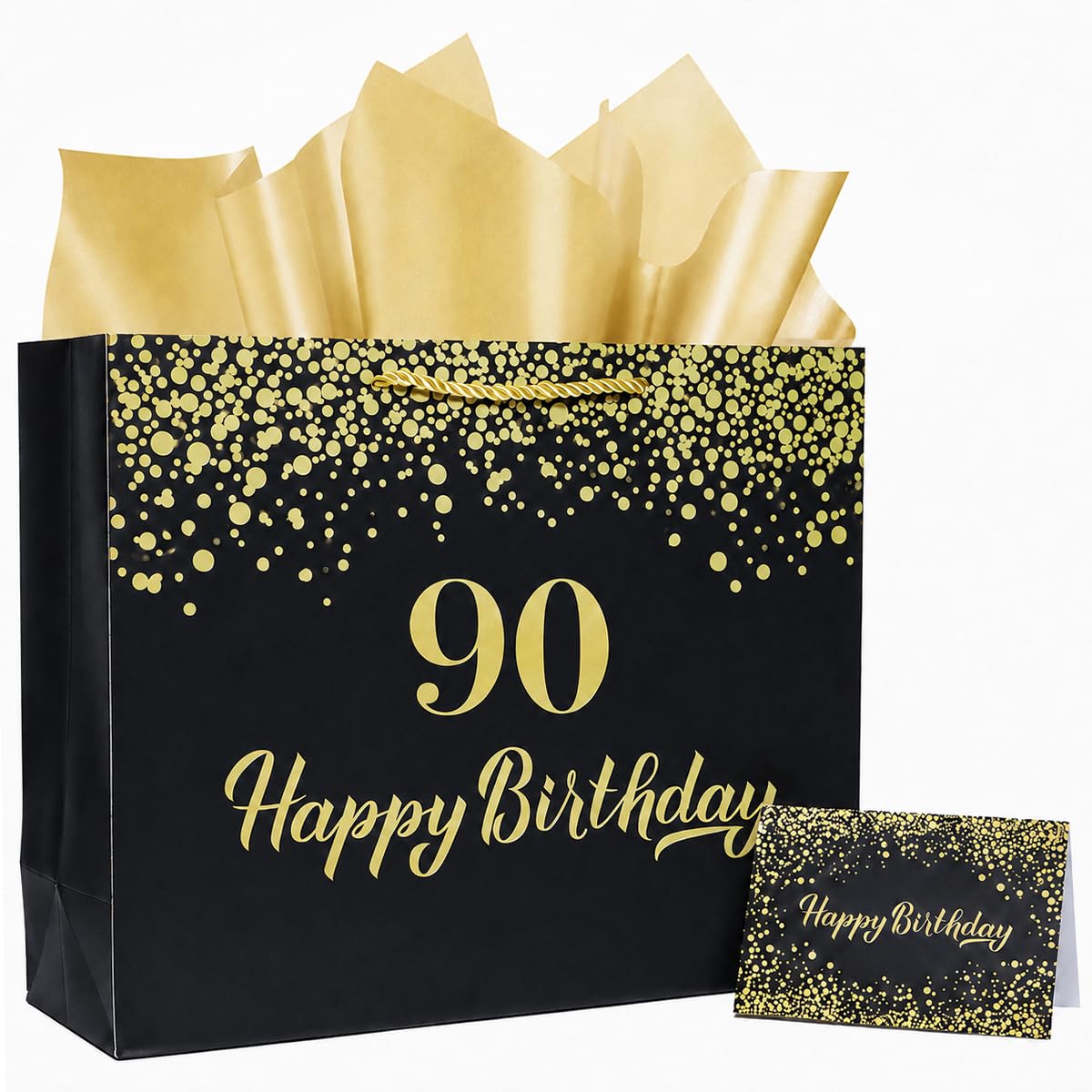 Black 13.3' Large 90th Birthday Gift Bag with Tissue Paper and Greeting Card for Men Women's Birthday Supplies (Black 90th)