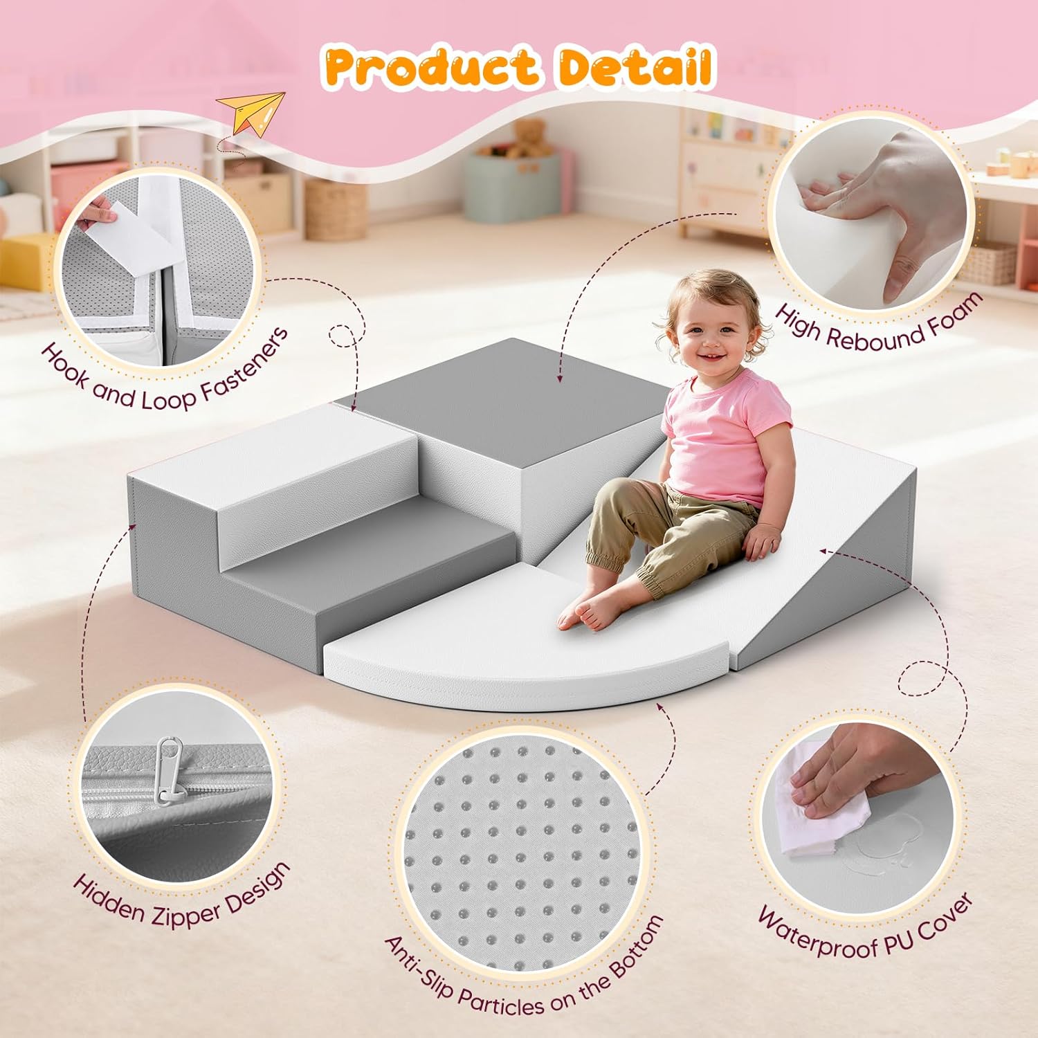 4 x Foam Baby Motor Skills Path, Baby Motor Module with Washable & Removable Cover, Indoor Slides and Play Structures for Preschool Children (Greyish White)
