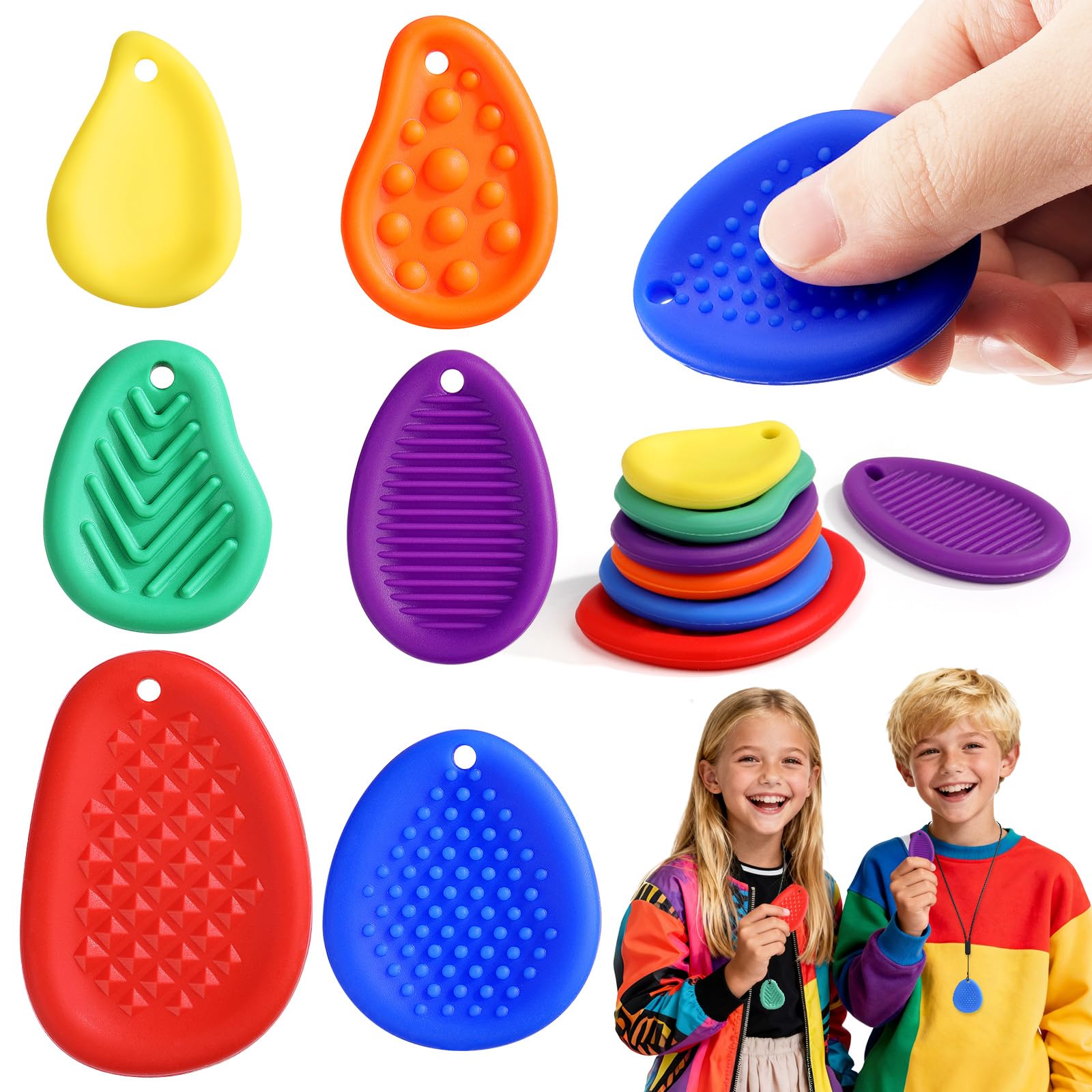 SCIONE 6 PCS Worry Stones for Kids with Lanyard, 6 Pack Textured Soft Sensory Stone for Autism Kids Calming Finger Fidget Toys for Classroom Prize Stocking Stuffers — image 1
