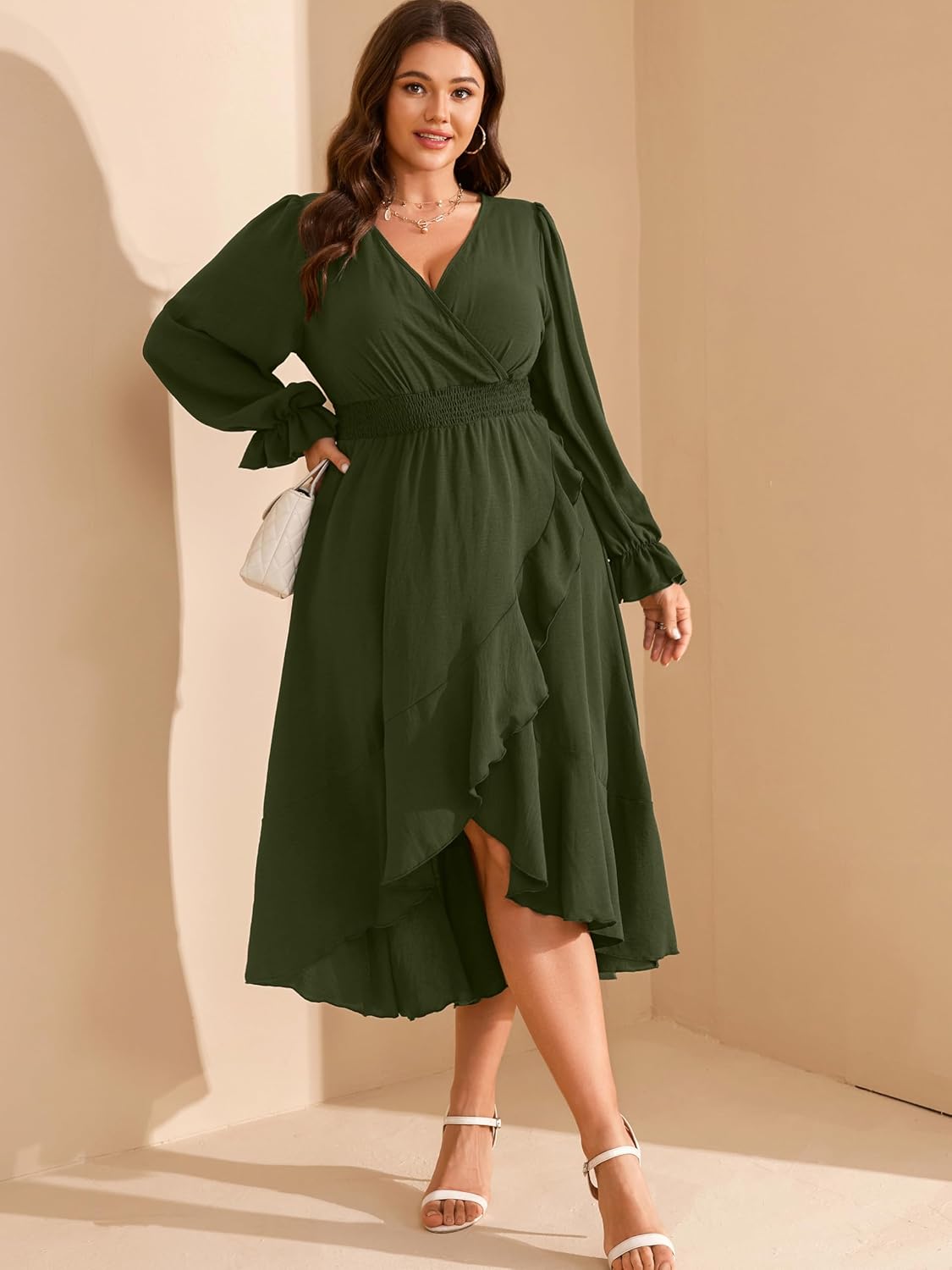 RWJ Women's Plus Size Wedding Guest Maxi Dress Wrap V Neck Long Sleeve High Low Ruffle Cocktail Fall Dresses - Image 3