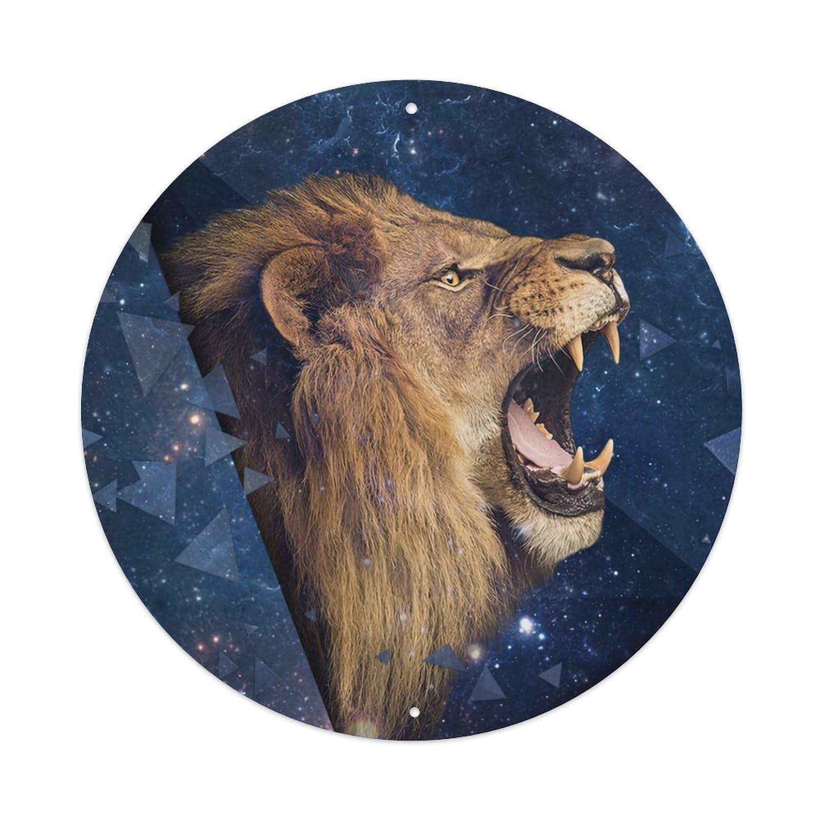 Wildlife Surrealism Dreamlike Starry Sky Male Lion Roaring Animal Metal Tin Sign Plaque Wall Decor for Cafe, Man Cave, Club Bar, Office, Home Garden Round Metal Poster 8x8Inch