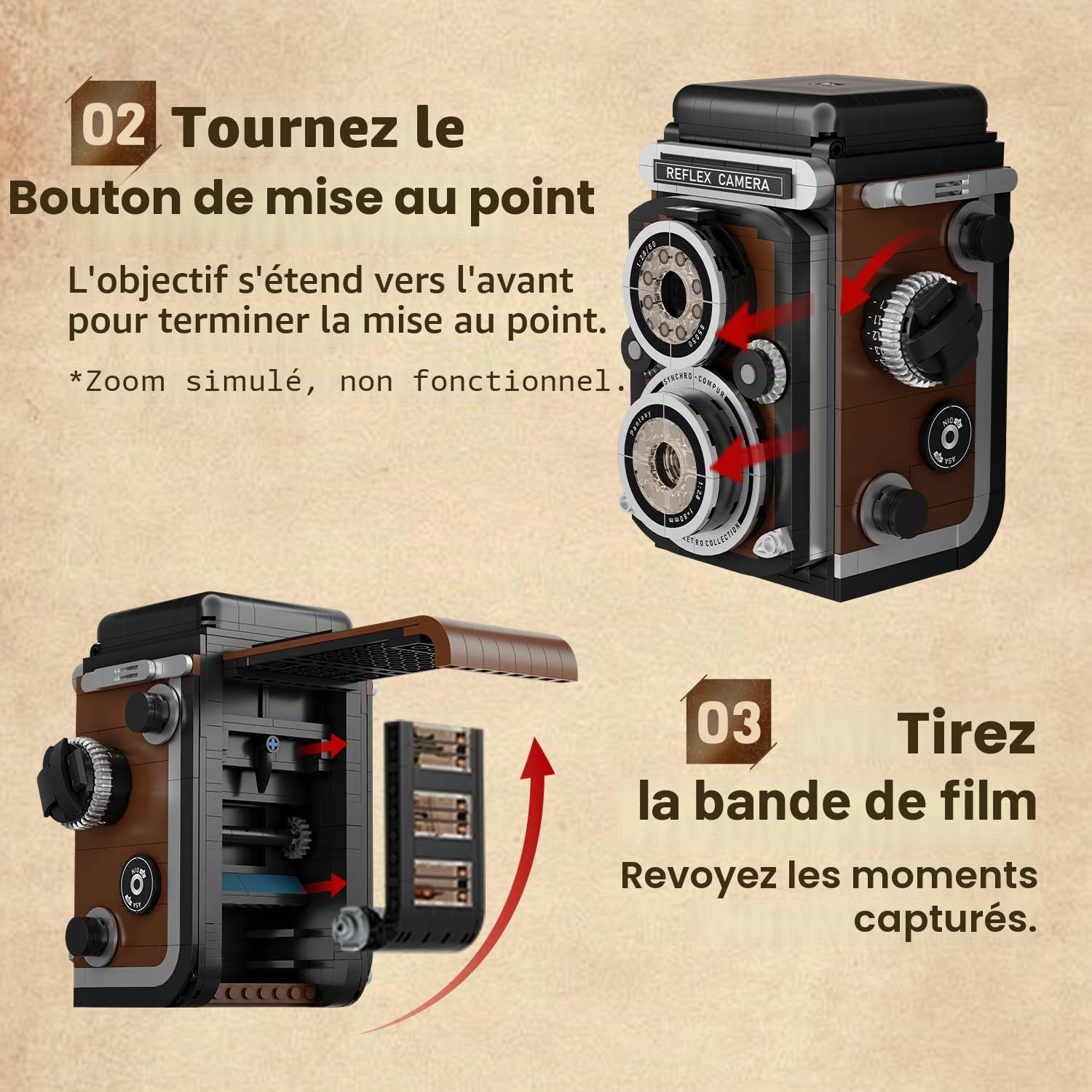 PANTASY Ensemble de briques de construction miniature pour adultes, modèle de caméra rétro à double objectif réflex classique avec fonctions interactives, appareil photo vintage modèle de collection