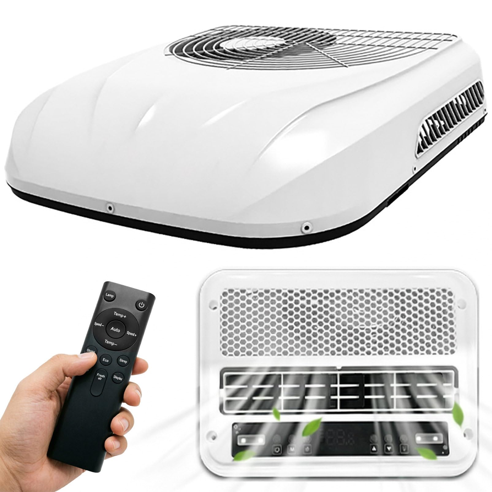 RV Rooftop Air Conditioner, 12V/24V Parking Air Conditioning, RV Air Conditioner with Scroll Compressor, Heating & Cooling, Low Noise, 8500 BTU Low Power, for Trucks, Camper, Van Cool+Heat-12V