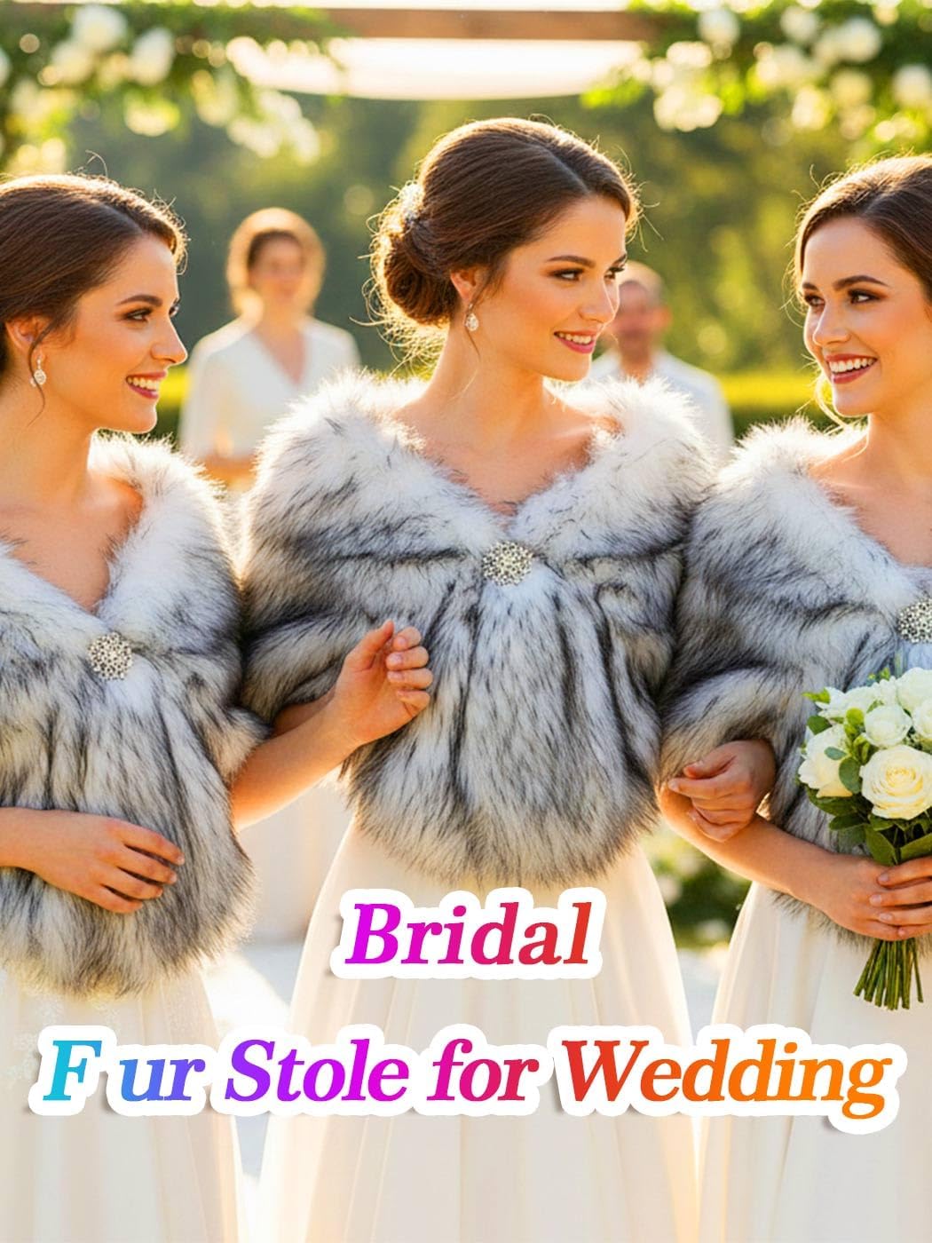 Aukmla Women's Wedding Fur Wraps and Shawls Bridal Fur Stoles Scarf with Rhinestones Brooch for Bride and Bridesmaids - Image 2