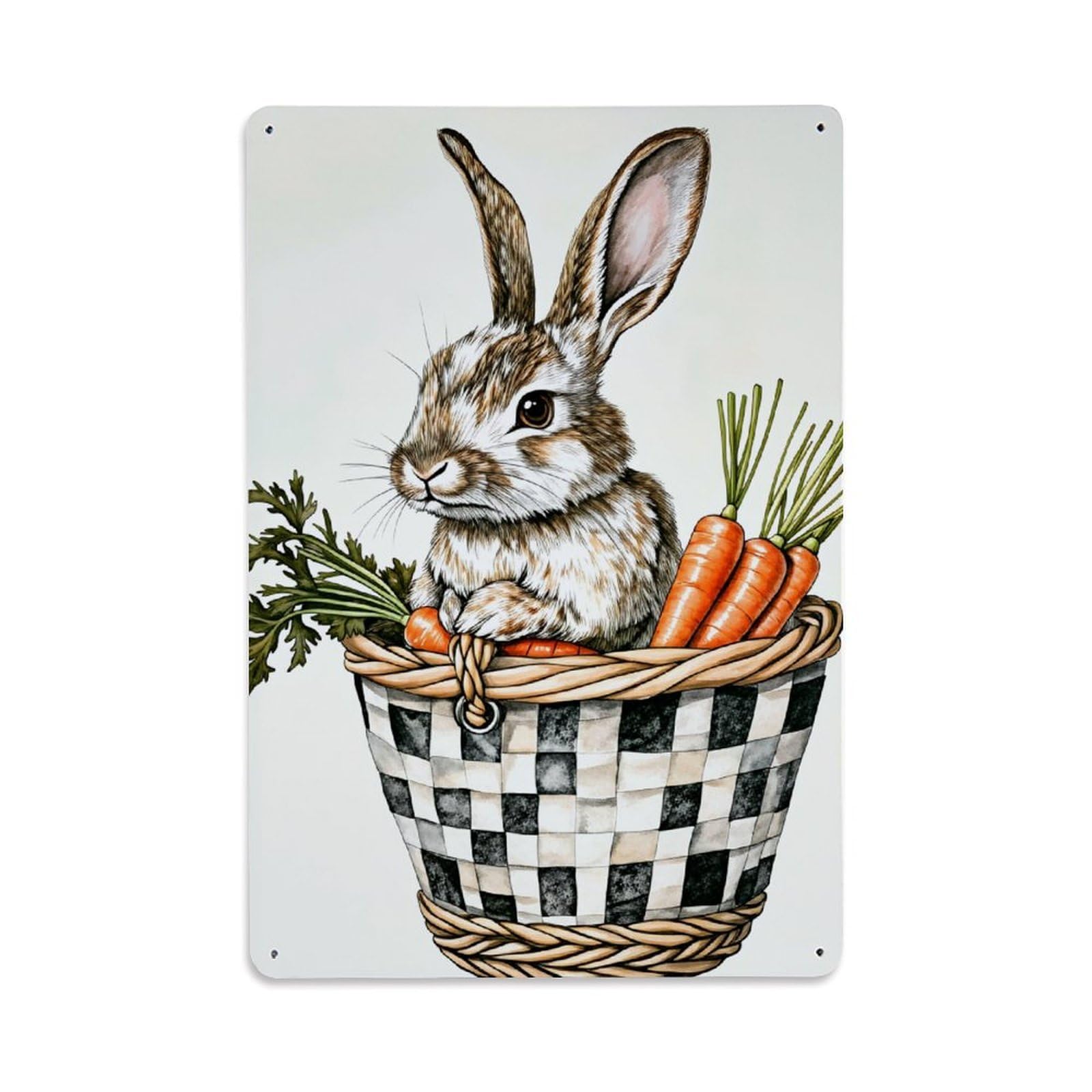 Enderetf Vintage Checkered Basket Rabbit Carrots Greenery Tin Sign Metal Poster, Home Bar Garage Man Cave Cafe Indoor & Outdoor Wall Decoration 8X12inches
