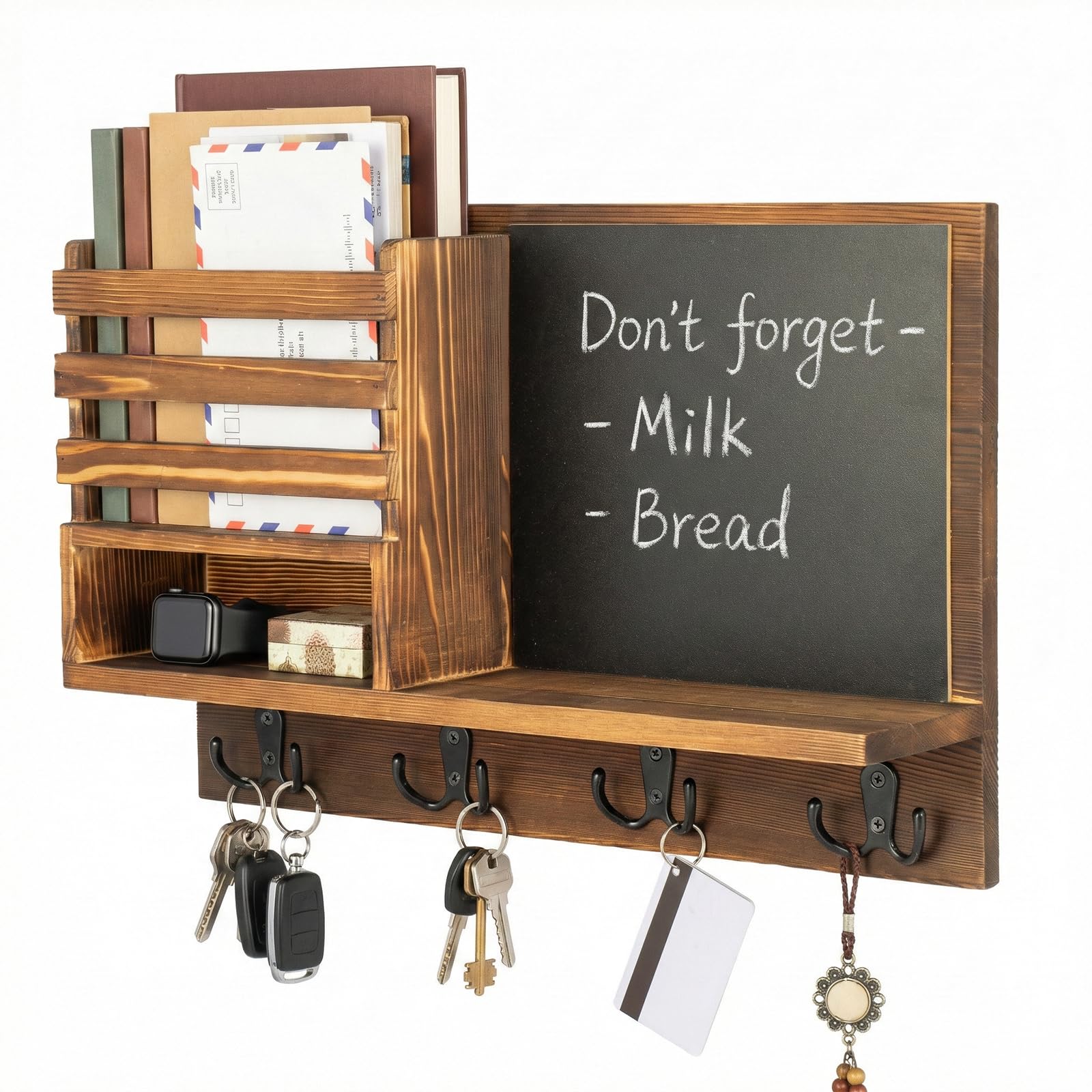 GREENSAPPIRE Wall Mounted Key Holder with Mail Organizer and Chalkboard, Rustic Wooden Entryway Storage Rack with 4 Double Hooks for Keys, Wallet, Leash, Sunglasses – Hallway, Mudroom, Farmhouse Decor