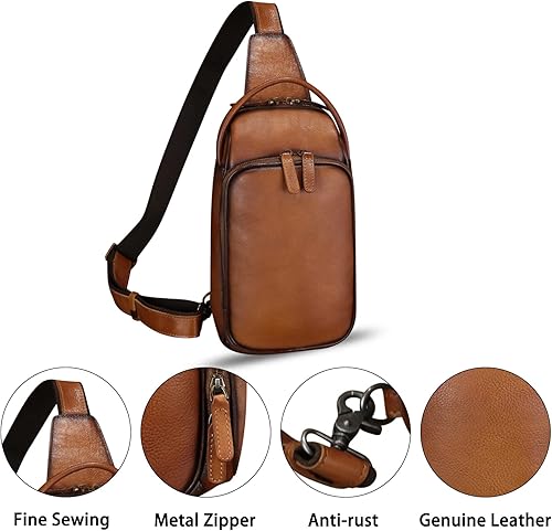 Miniatura 6 de Bolso bandolera de cuero genuino, mochila cruzada retro hecha a mano en el pecho al hombro para senderismo