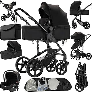 Passeggino Trio, Passeggino 3 in 1 con Due Modi Reversibili Spingere, Trio con Design Pieghevole in Un Clic, Trio Passeggino Neonati con Telaio Alluminio Paesaggistico Alto (588 Black)