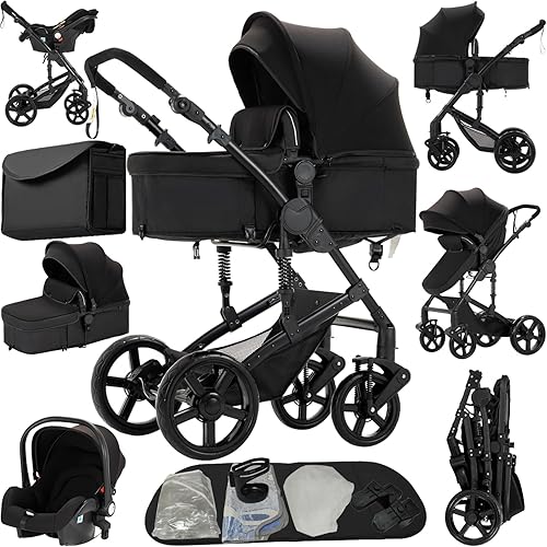 Reenborn Kinderwagen 3 in 1, Buggy mit Zwei Umkehrbaren Schiebemodi, Kinderwagen mit Rahmen Aluminiumlegierung, Babywagen 3 in 1 Komplettset mit Ein-Klick-Faltdesign Hohe Landschaft (588 Black)