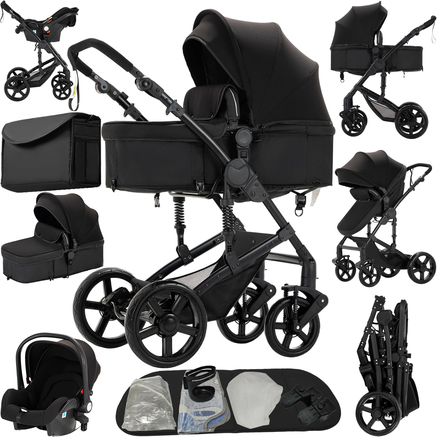 Kinderwagen 3 in 1, Buggy mit Aluminiumlegierung, Ein-Klick-Faltdesign, Hohe Landschaft (588 Black)