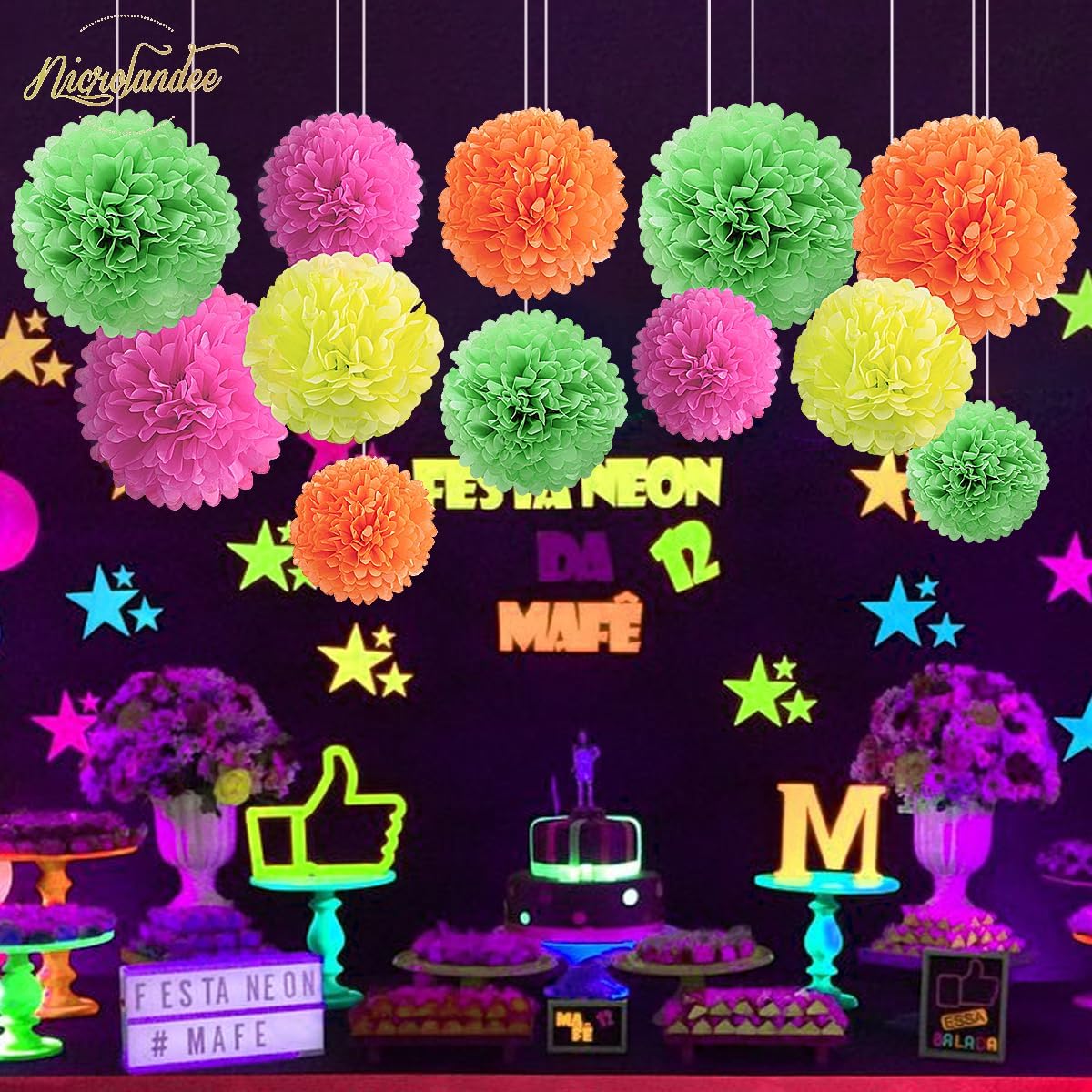 NICROLANDEE Blacklight Party Decorations - 12 PCS Fluorescent Neon Tissue Paper Pom Poms for Birthday, Wedding, Baby Shower, Glow-in-The-Dark, Neon, Prom Dance Party Photography