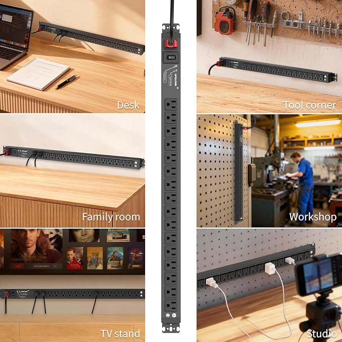 Extensión Apislogik con 16 tomas, protector contra sobretensiones 1800J, cable de 1.83 m, 15A/1875W, montaje en pared o rack miniatura 6