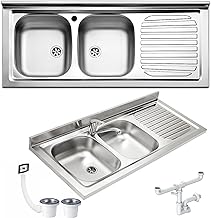 Single Print Countertop Sink 120 x 50 in Stainless Steel AISI 304 with Two Sinks on the Left and Right Drip for Under Sink 120 Modular Kitchen Model Pisa PI1202MRPC