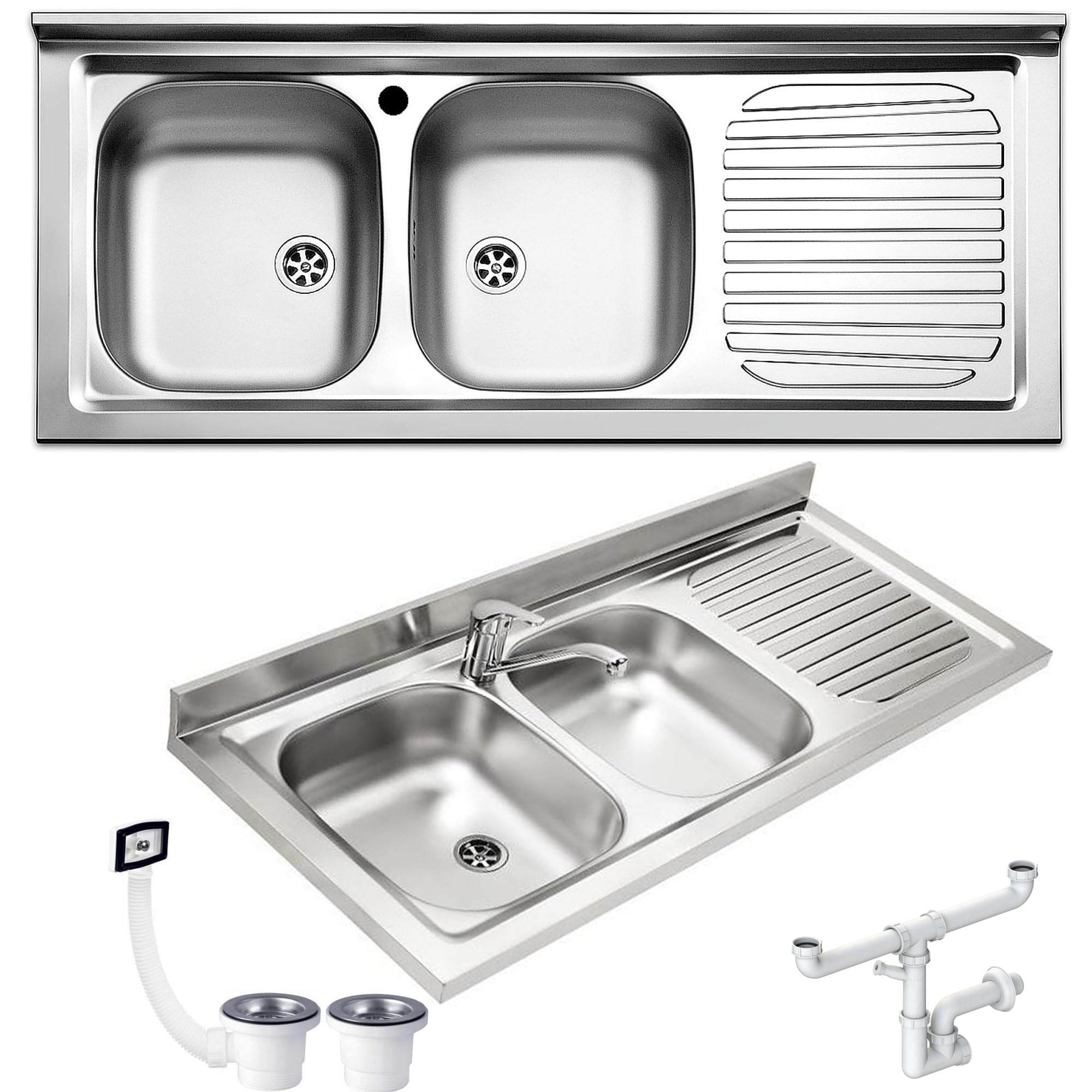 Lavello FHULLER Monostampo Da Appoggio 120X50 In Acciaio Inox AISI 304 Con Due Vasche a SINISTRA e Gocciolatoio a DESTRA Per Sottolavello da 120 Cucina Componibile Modello Pisa PI1202MRPC