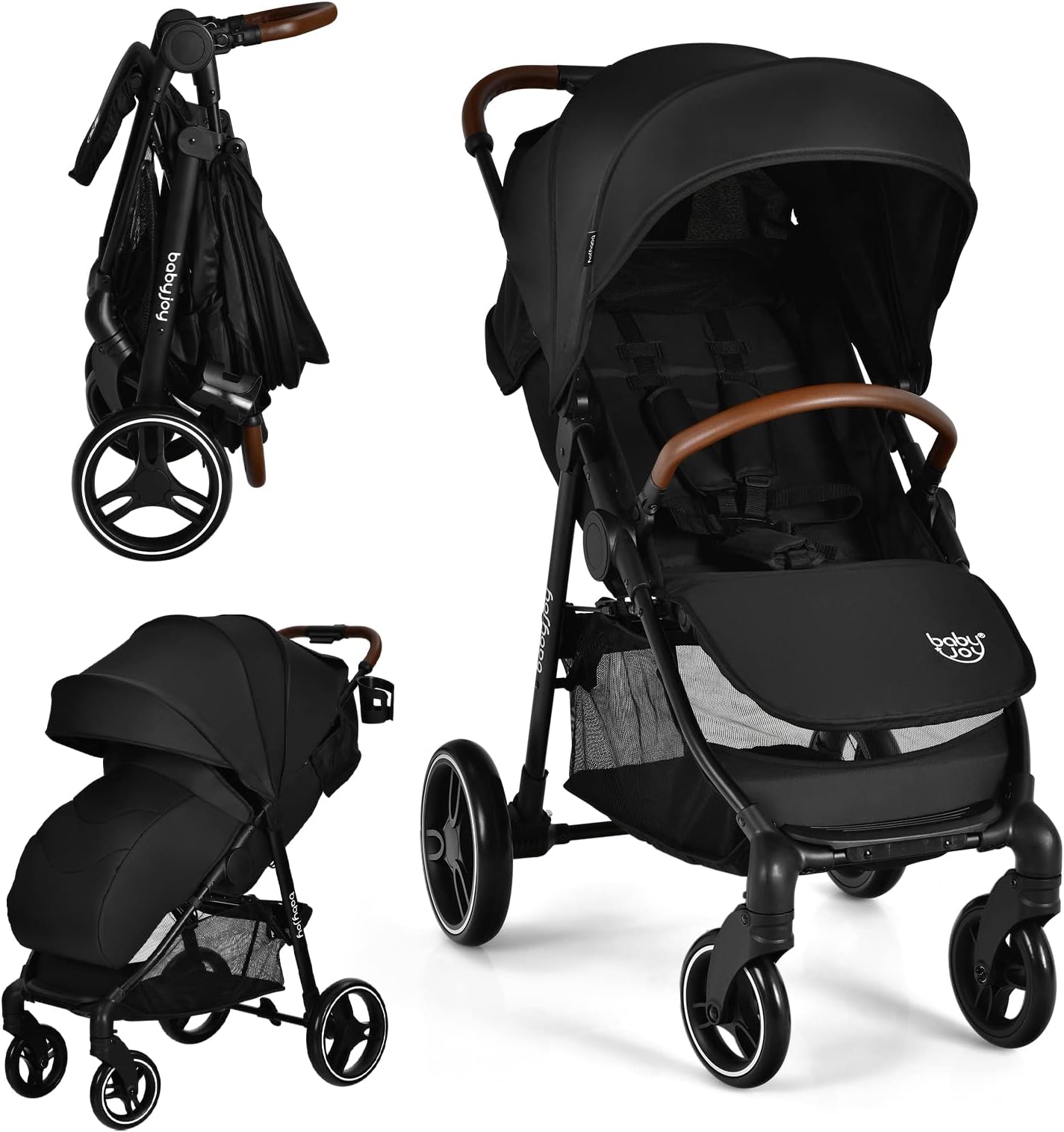 BABY JOY Baby Stroller, High Landscape Infant Carriage Newborn Pushchair with Foot Cover, Cup Holder, 5-Point Harness, Adjustable Backrest & Canopy, Suspension Wheels, Easy One-Hand Fold (Black)