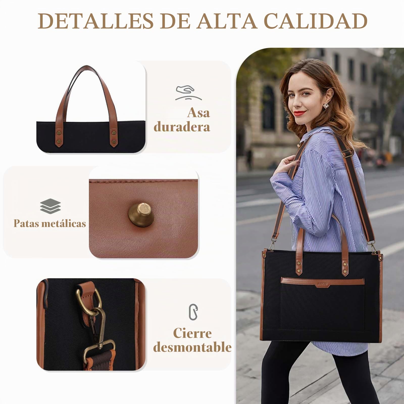 RAVUO Bolso Grande Mujer,Bolsos Universidad para Portatil 15.6 Pulgadas Bolsa Ordenador de Lona Shopper Tote Bag con Correa Ajustable para Oficina Trabajo
