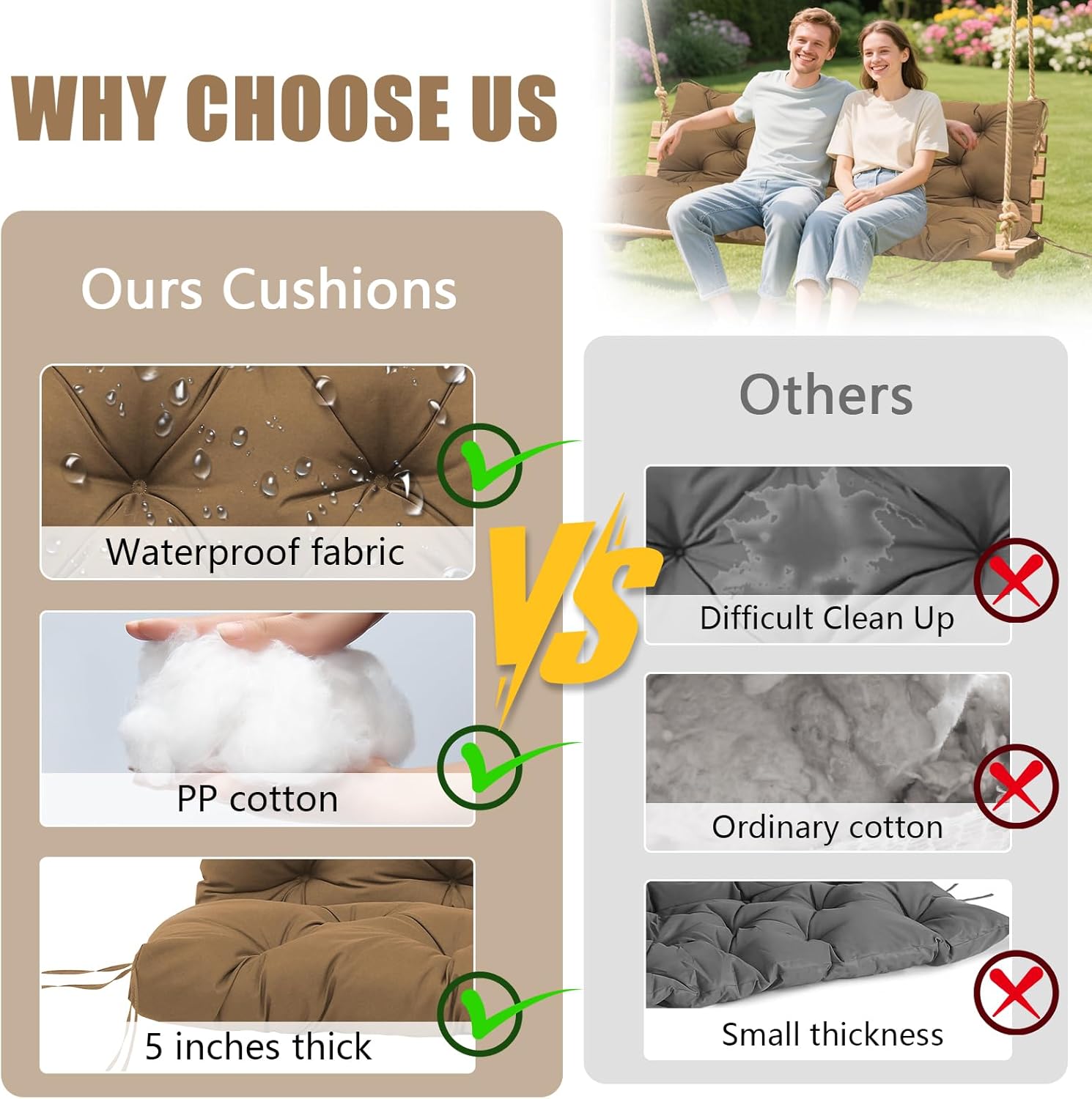 Outdoor Swing Cushions, 2-3 Seater Replacement Swing Cushions Waterproof Thickened 5 inch Patio Cushions with Backrest and Ties for Outdoor Furniture Patio Swing Bench (Brown-48x405inch)