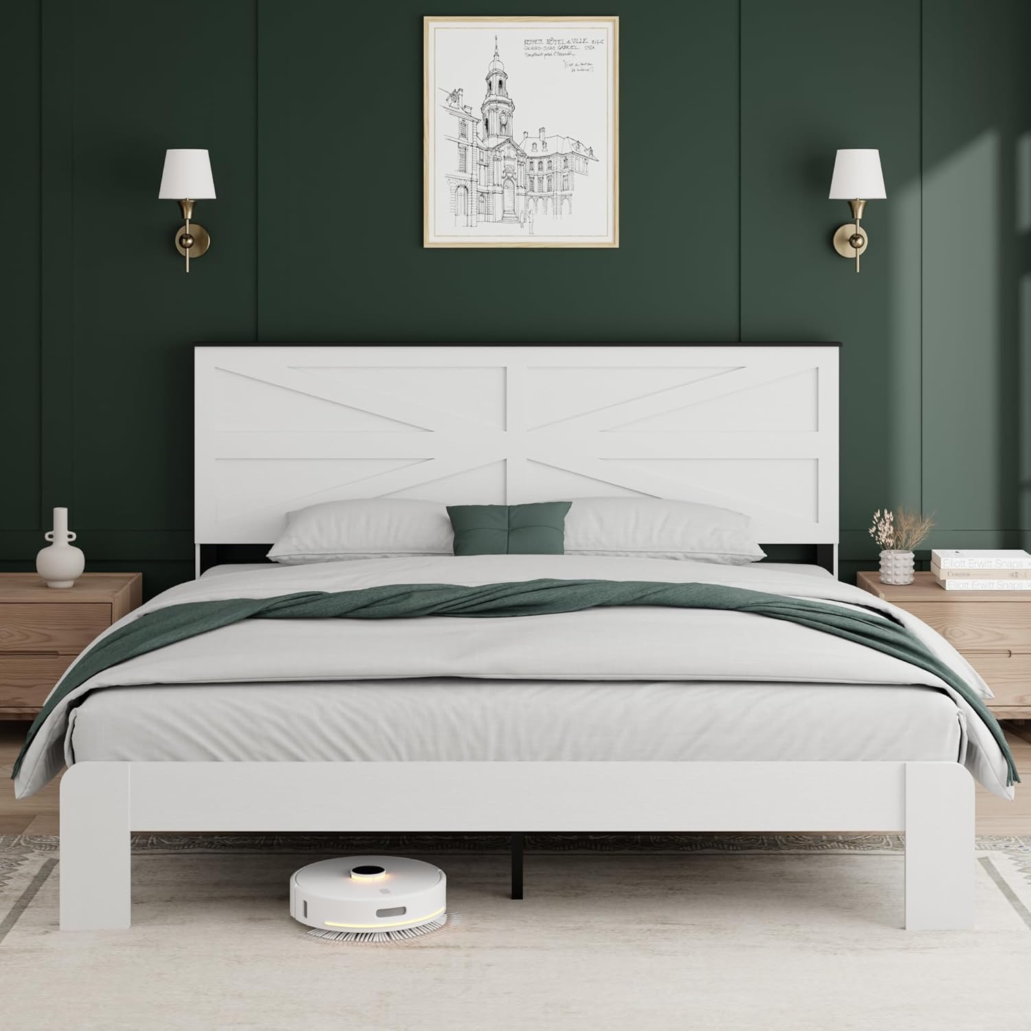 Farmhouse King Size Bed Frame with Barn Door Headboard, Boho White Wooden Platform Bed with Strong Metal Slat Support, Easy Assembly, Noise-Free, No Box Spring Needed