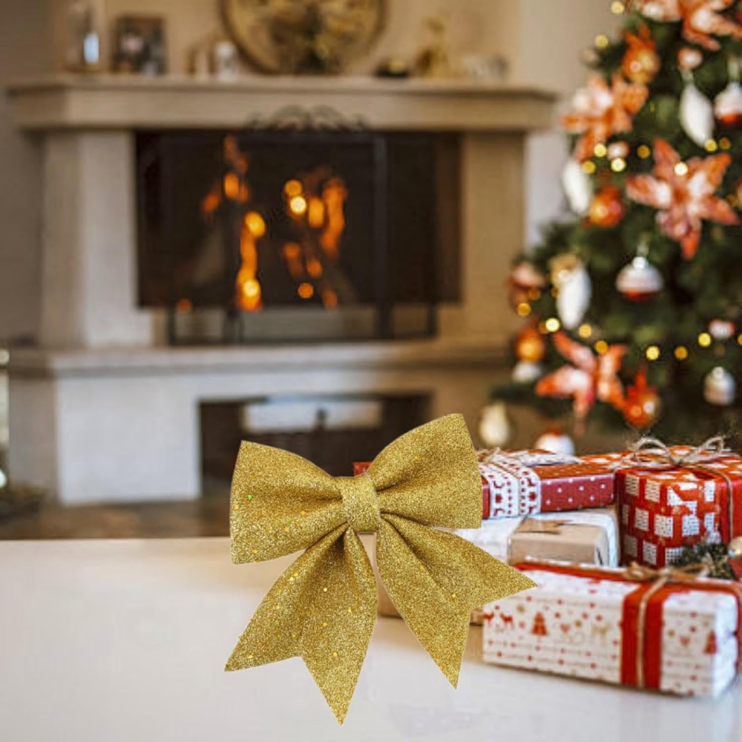 High Heel Christmas Bow Decoration Gold Wreath Bow Sequin Bow Tie Xmas Tree Topper Bowknot Ornament for Wreaths Gift Present Garlands High Heel