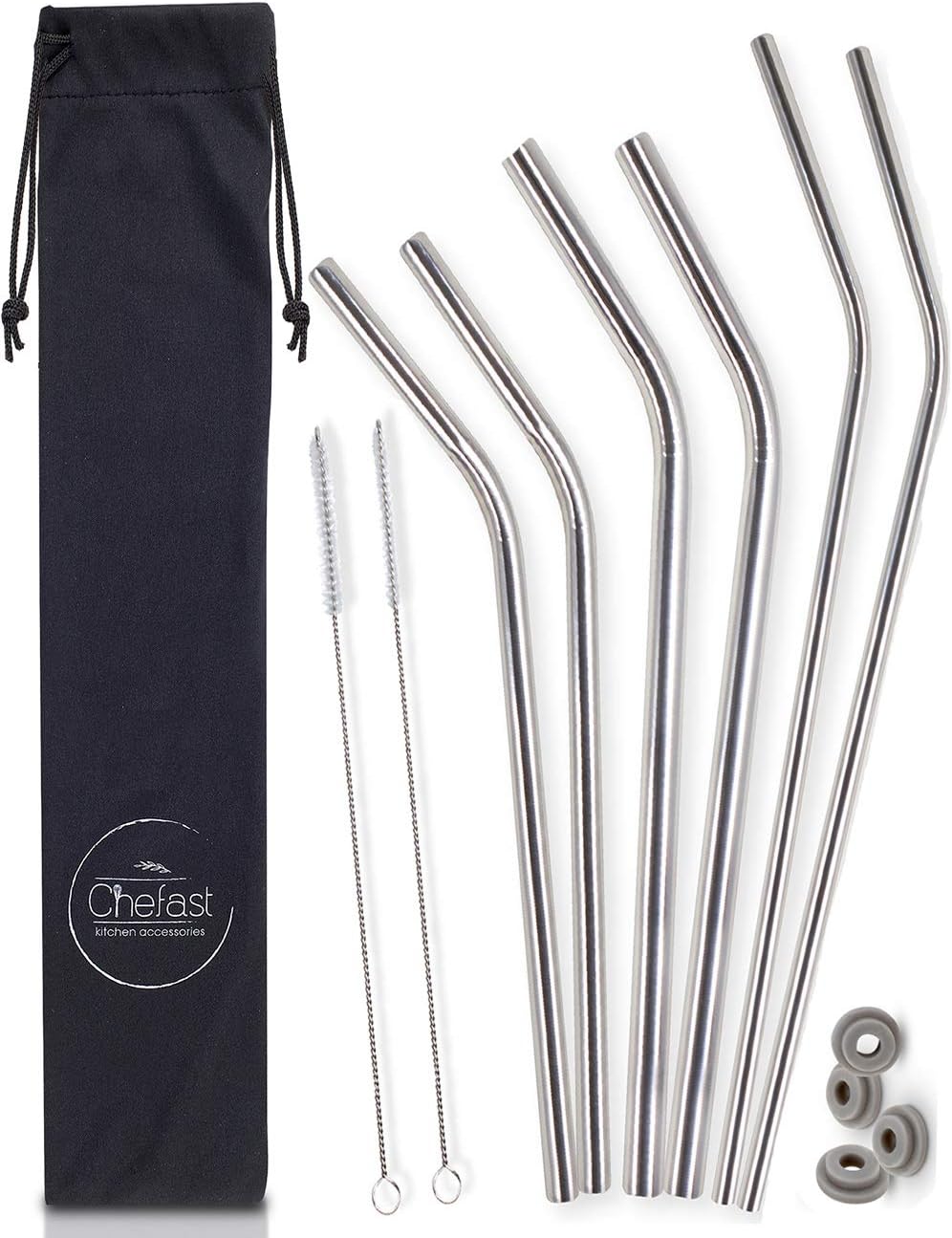 Chefast Stainless Steel straw - 3x2 Combo Kit - Reusable Drinking Straws for Everything From 30 oz Yeti Tumbler to Thick Smoothies - Cleaning Brushes, Long Case, and Silicone Rings Included