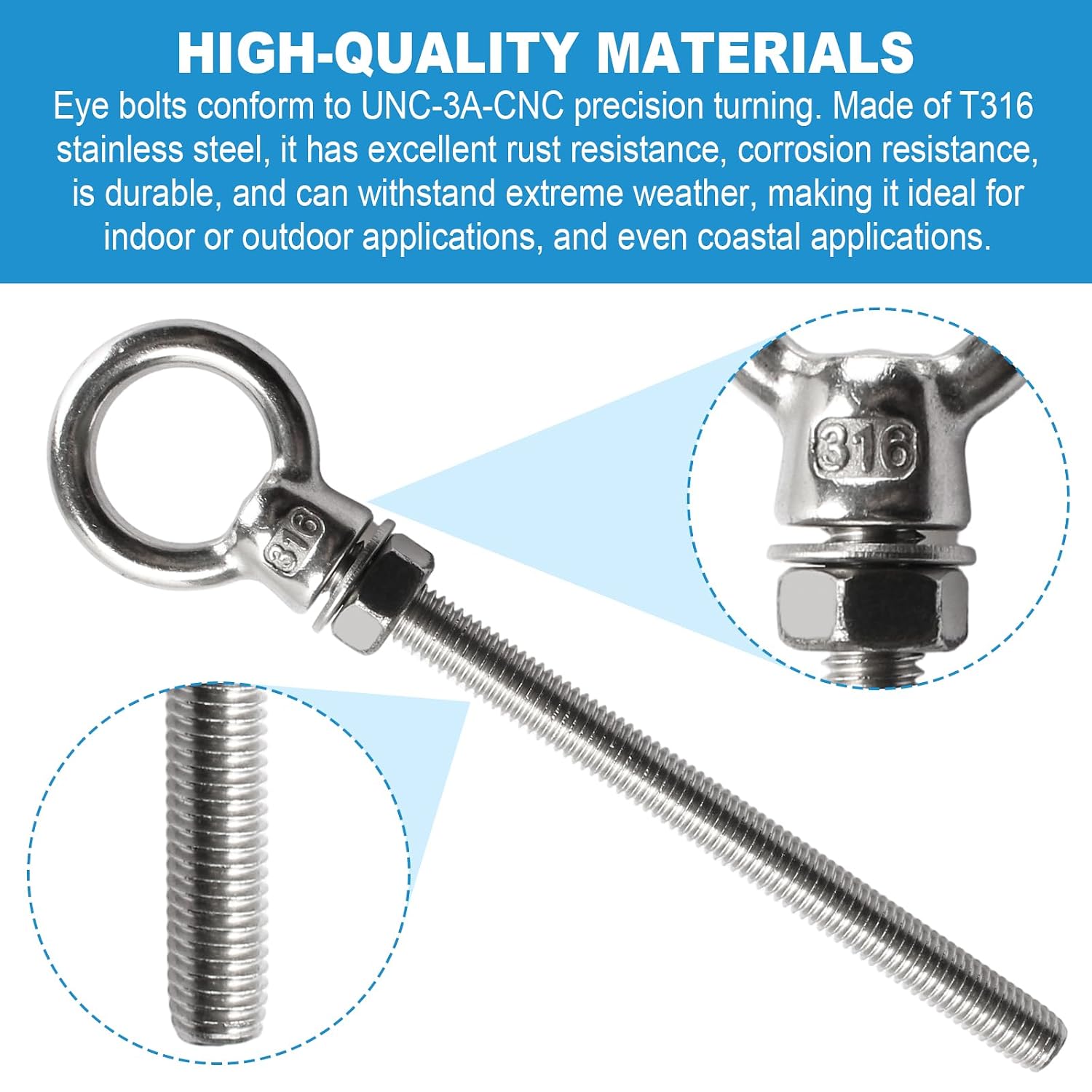 Eyebolts 3/8" X 4" Stainless Eye Bolts with Nuts - Stainless Steel Marine Grade Shoulder Can Be Used in Multiple Scenarios -5 Pack