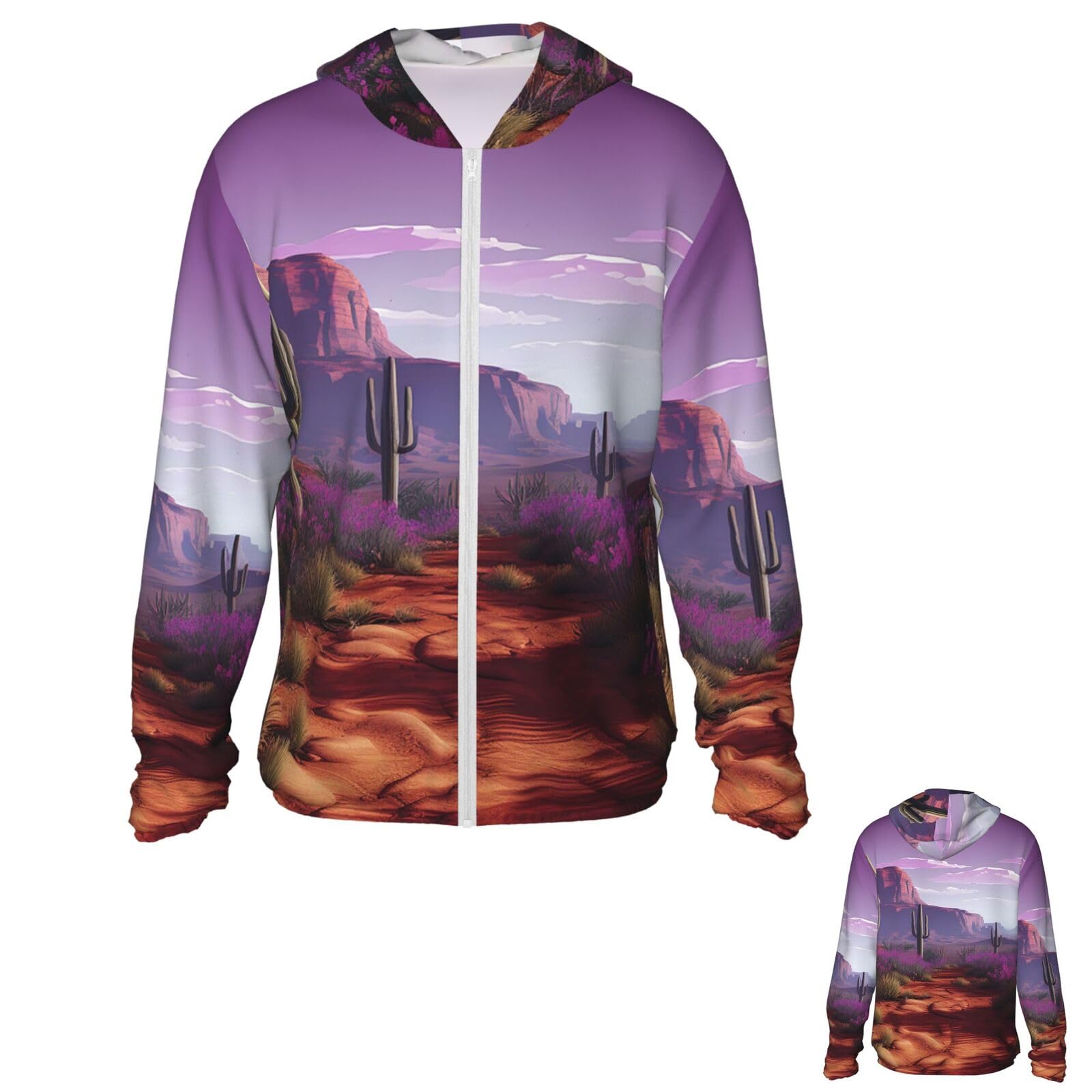 Men's Sun Protection Jacket UPF 50+ Full Zipper Long Sleeve UV Hoodie Shirt Purple American Landscape Cactus Women's Outdoor Jacket