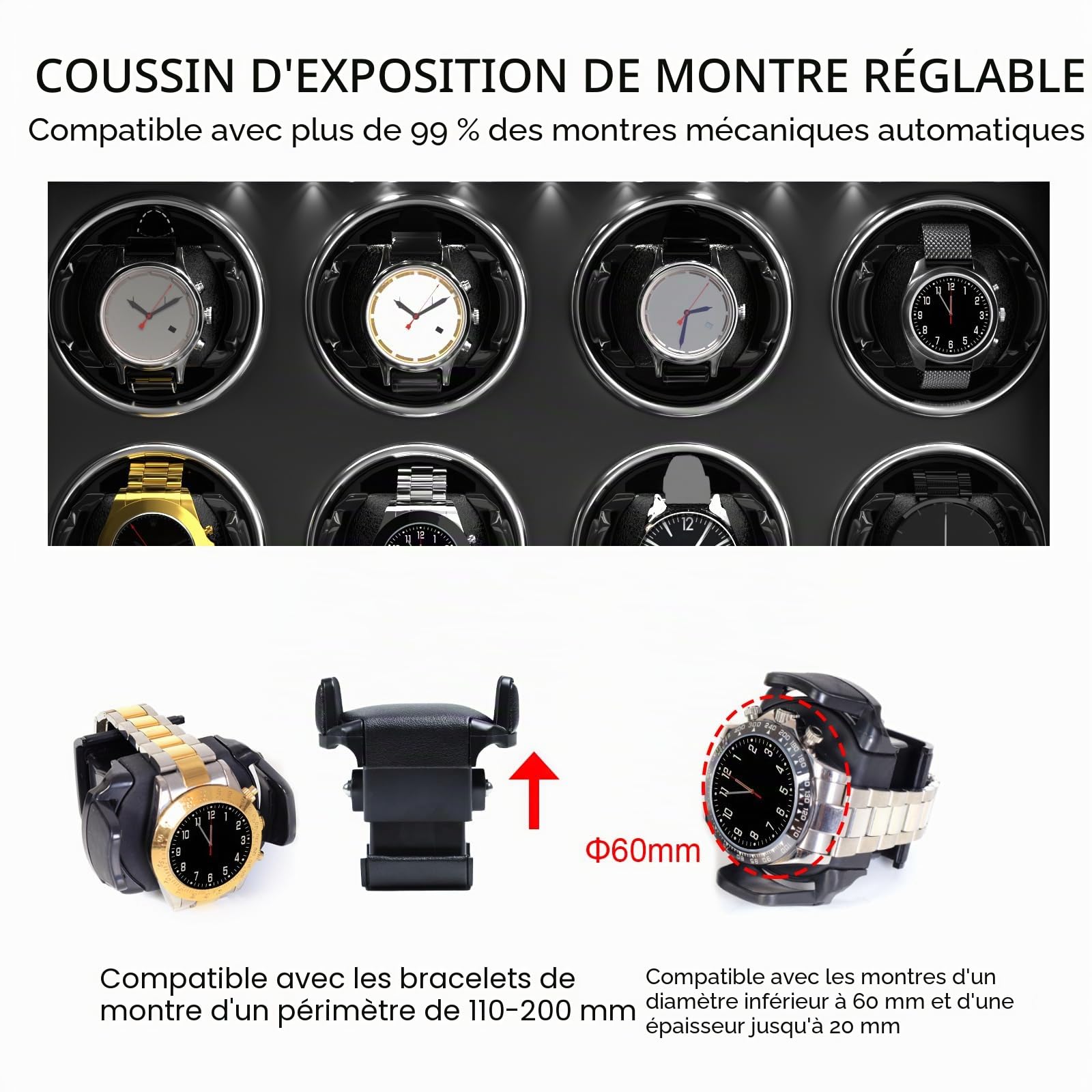 XTELARY Remontoir de Montre verrouillable Noir pour 2/4/6/8 avec 3/6 emplacements mémoire, tiroir de Rangement, 4 Modes de Rotation, lumière LED Blanche, Moteur Super Silencieux