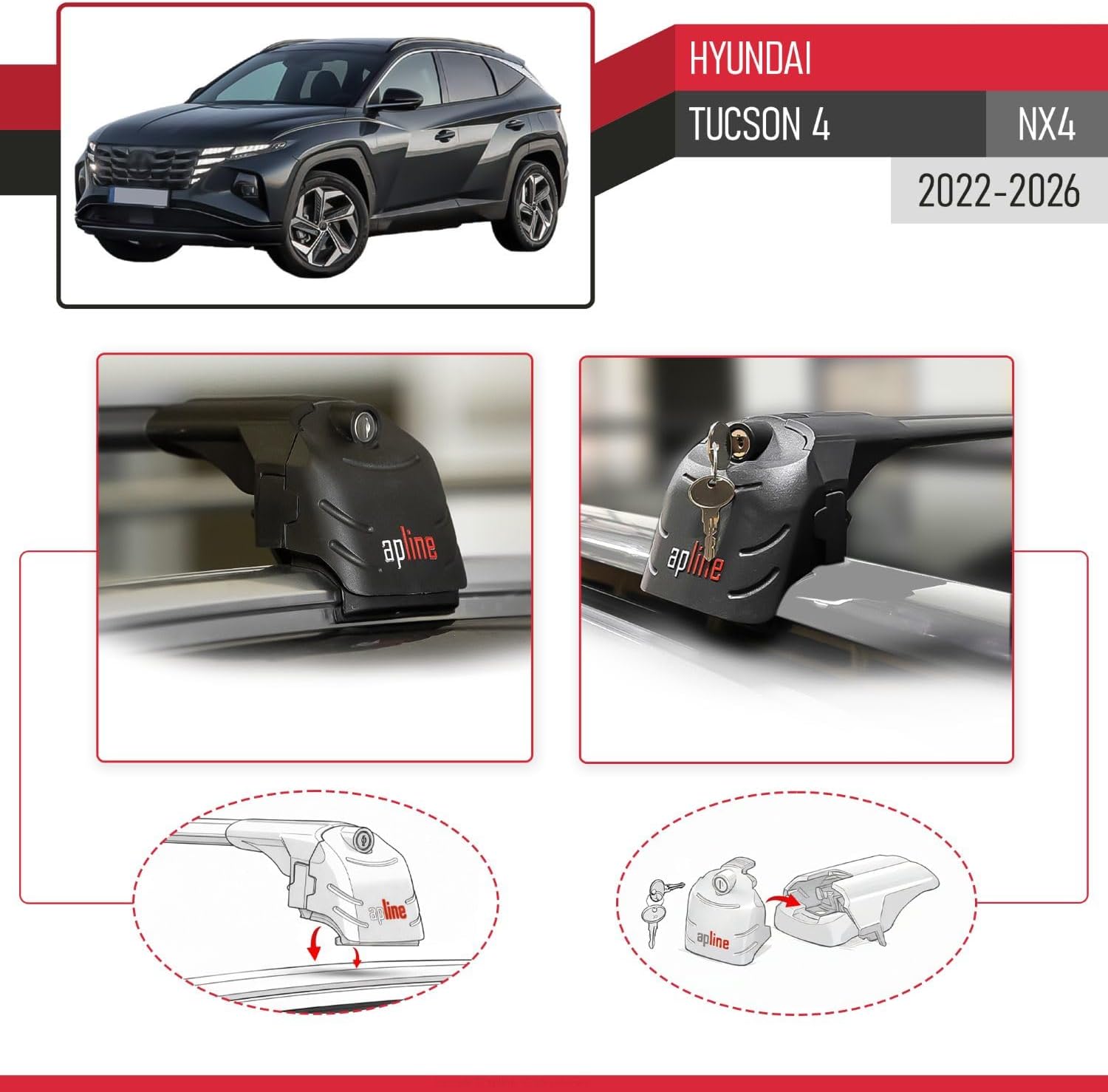 Compatible with Hyundai Tucson 4 (NX4) 2022-2026 ACE-2 Type Car Roof Rack Cross Bar Black Aluminium Bars