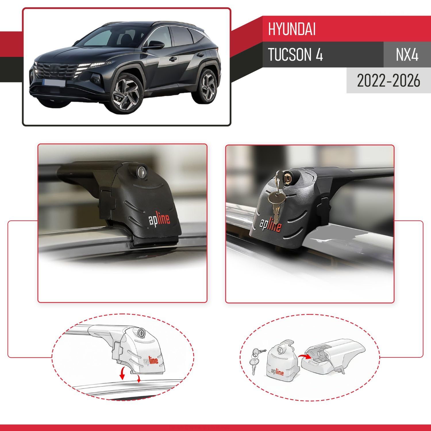 Compatible avec Hyundai Tucson 4 (NX4) 2022-2025 ACE-2 Barres de Toit Railing Porte-Bagages de Voiture Noir Aluminium 2 Barres