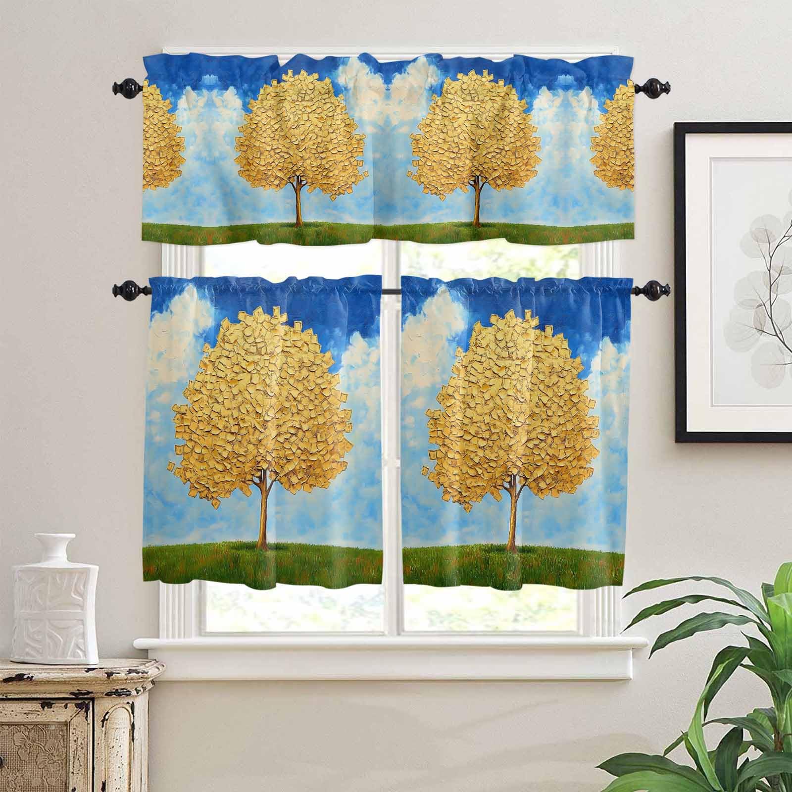 Yellow Tree Leaves Kitchen Curtains 36 Inch Length,3 Piece Rod Pocket Small Half Tiers and Valance Set,Blue Sky Watercolor Gradient Painting Small Large Window Treatment Decor for Bedroom/Bathroom