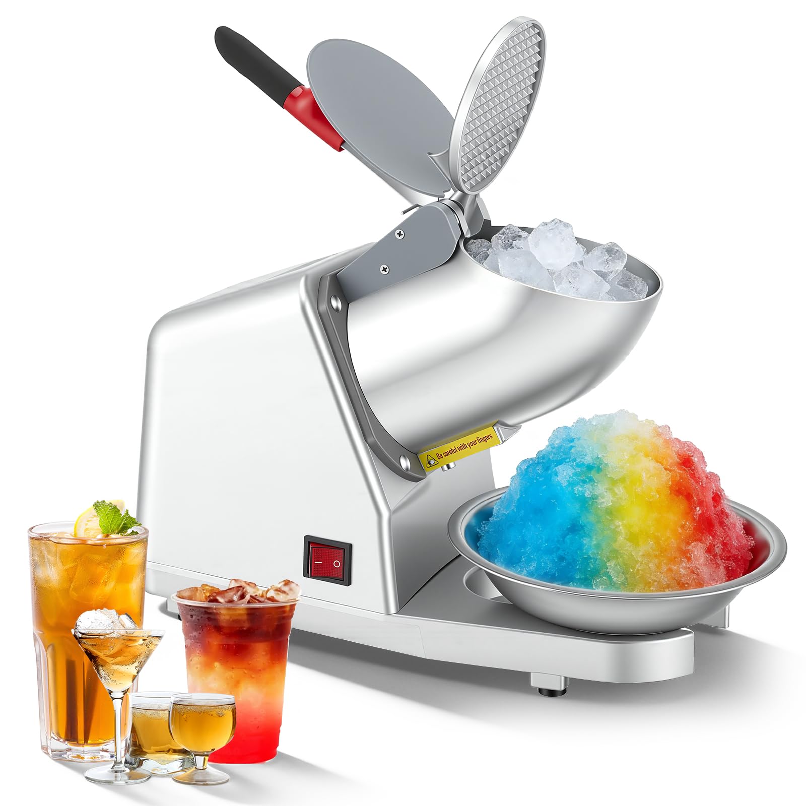 Elektrischer Eisrasierer, Edelstahl Eisbrecher 85kg/h mit 2 Klingen, Schüssel & Abdeckung, 300 W 2000 U/min Elektrisch Ice Crusher Machine für Smoothies, Cocktails, Silber