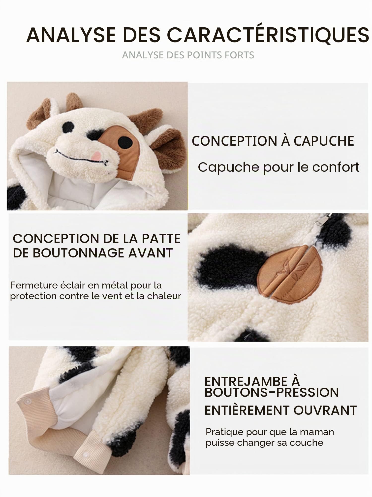 Combinaison capuche pour bébé 0-18 mois garçon fille grenouillère polaire manches longues imprimé vache dessin animé fermeture éclair nouveau-né
