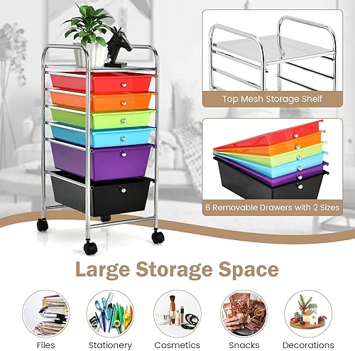 Miniatura 6 de HAPPYGRILL Carrito organizador de almacenamiento de 6 cajones, herramientas de oficina, escuela, carrito de almacenamiento con ruedas